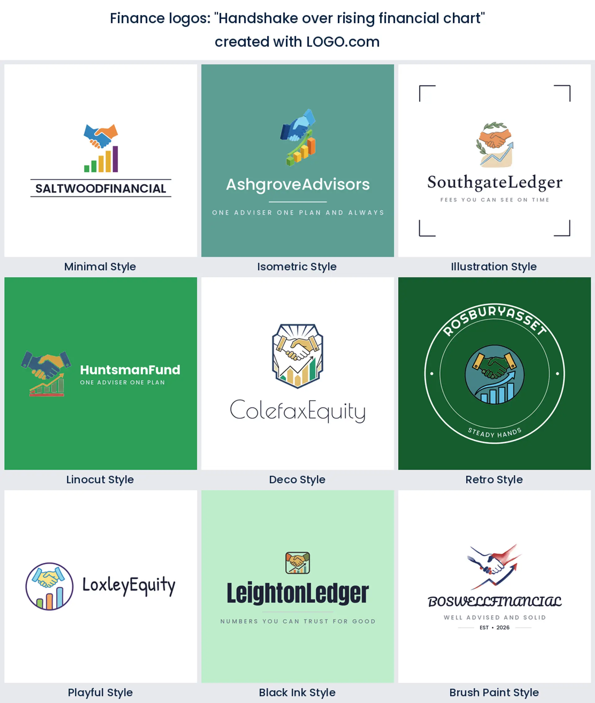 Nine styles of financial services logo with two hands meeting above a rising chart
