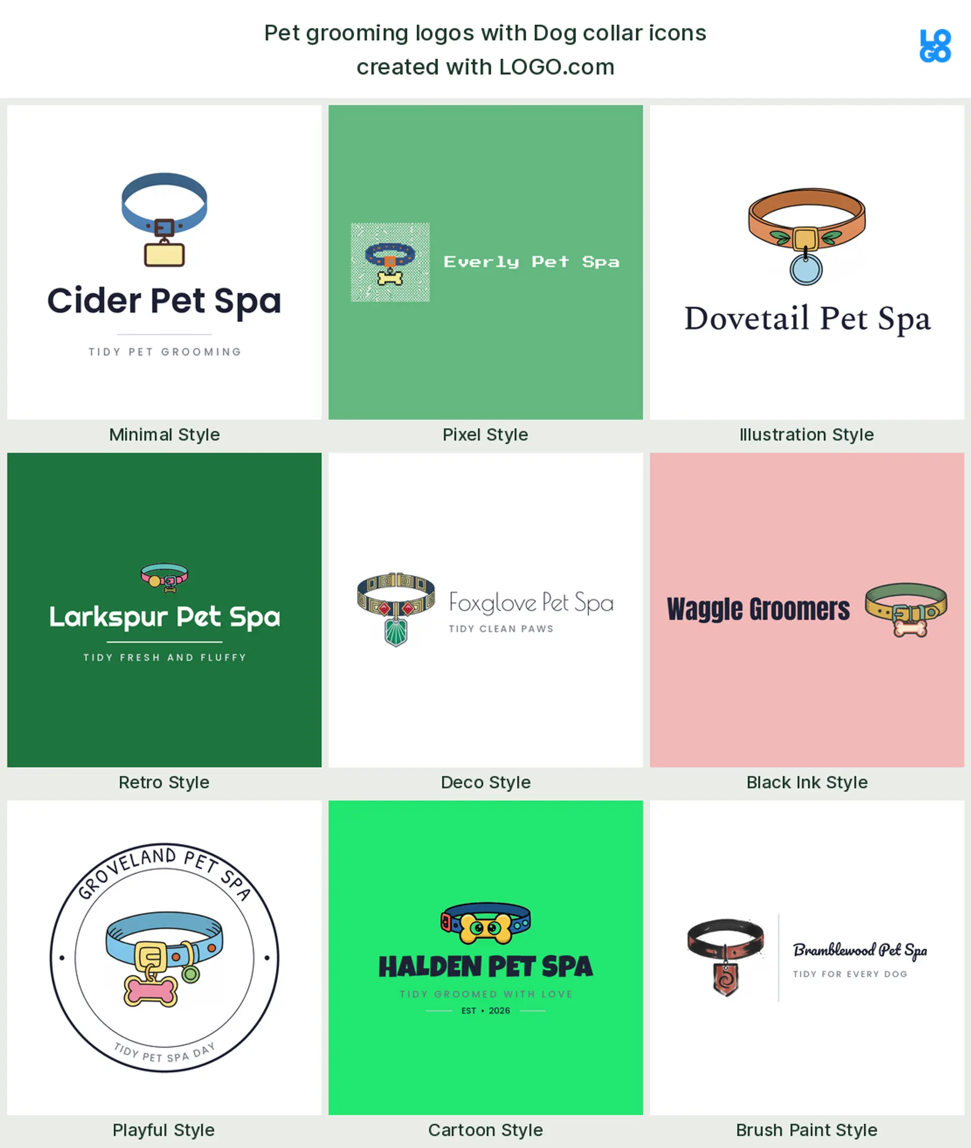 Dog collar, a popular pet grooming logo symbol, shown across nine styles on LOGO.com