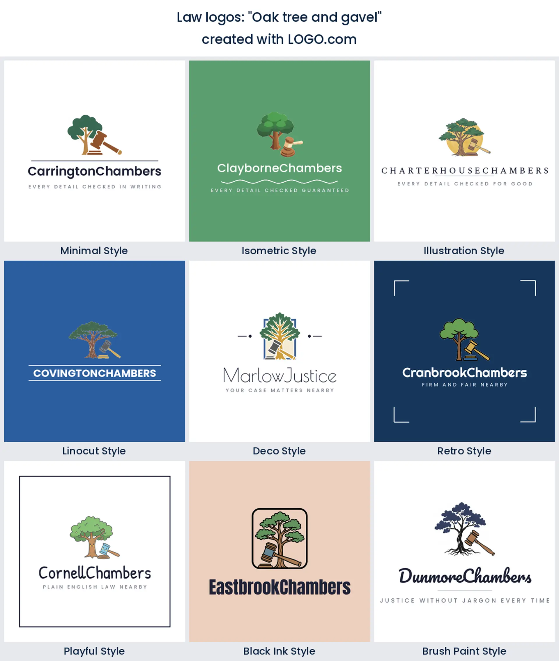 An oak tree beside a gavel drawn across nine logo styles