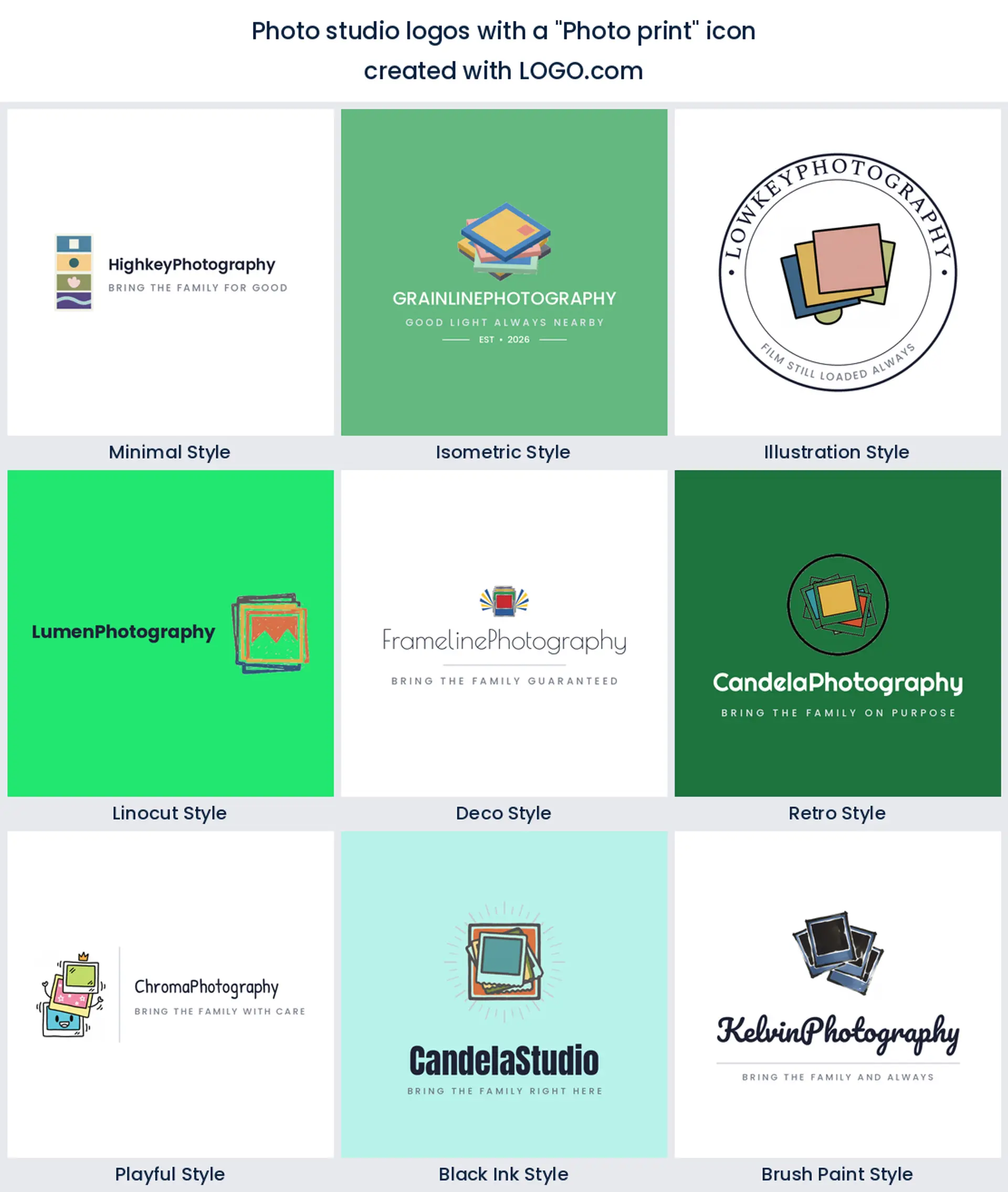 Photo studio logos with a printed photo stack icon in nine styles