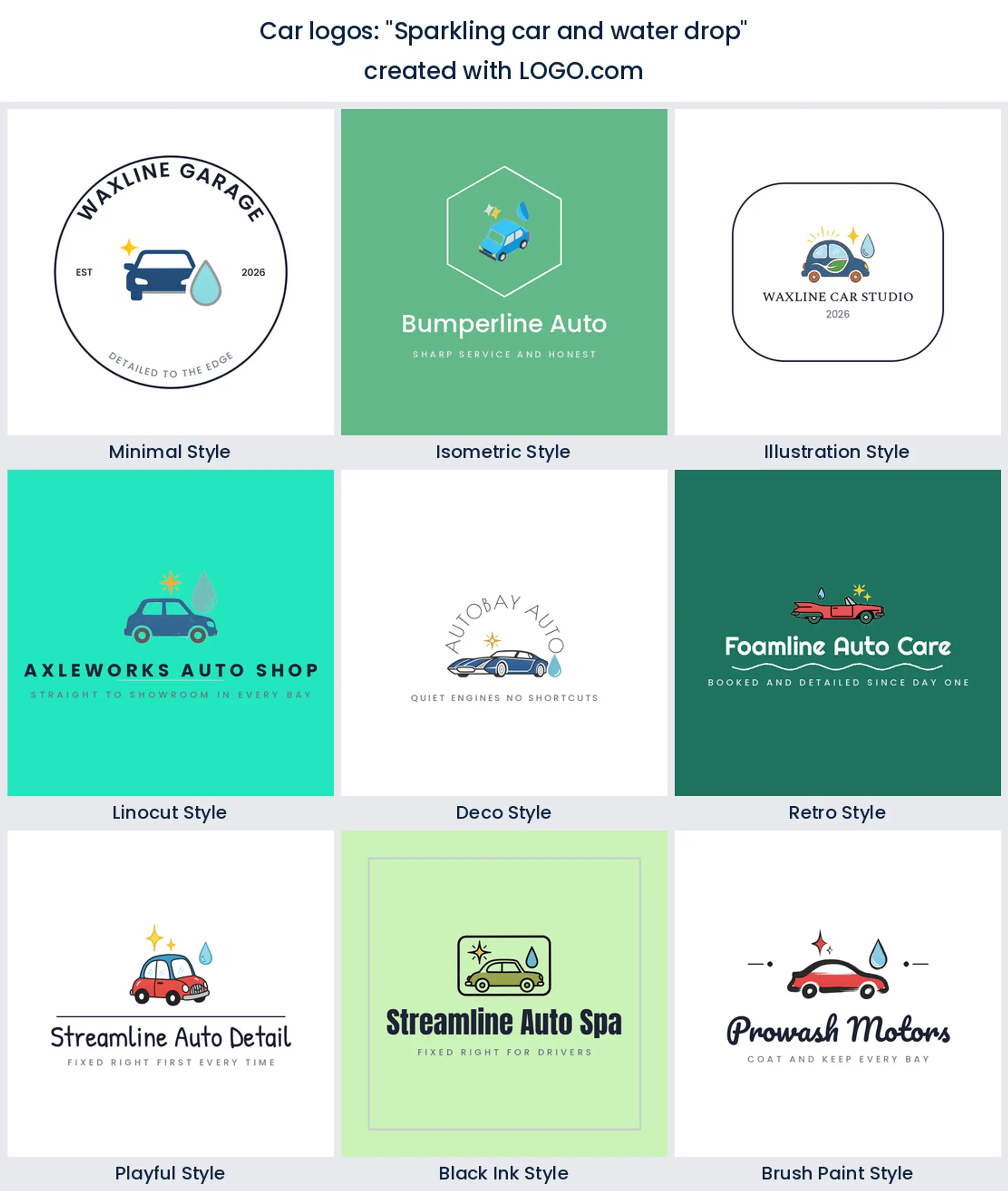 Nine car detailing logos combining a sparkling car and a water drop, shown in nine styles.