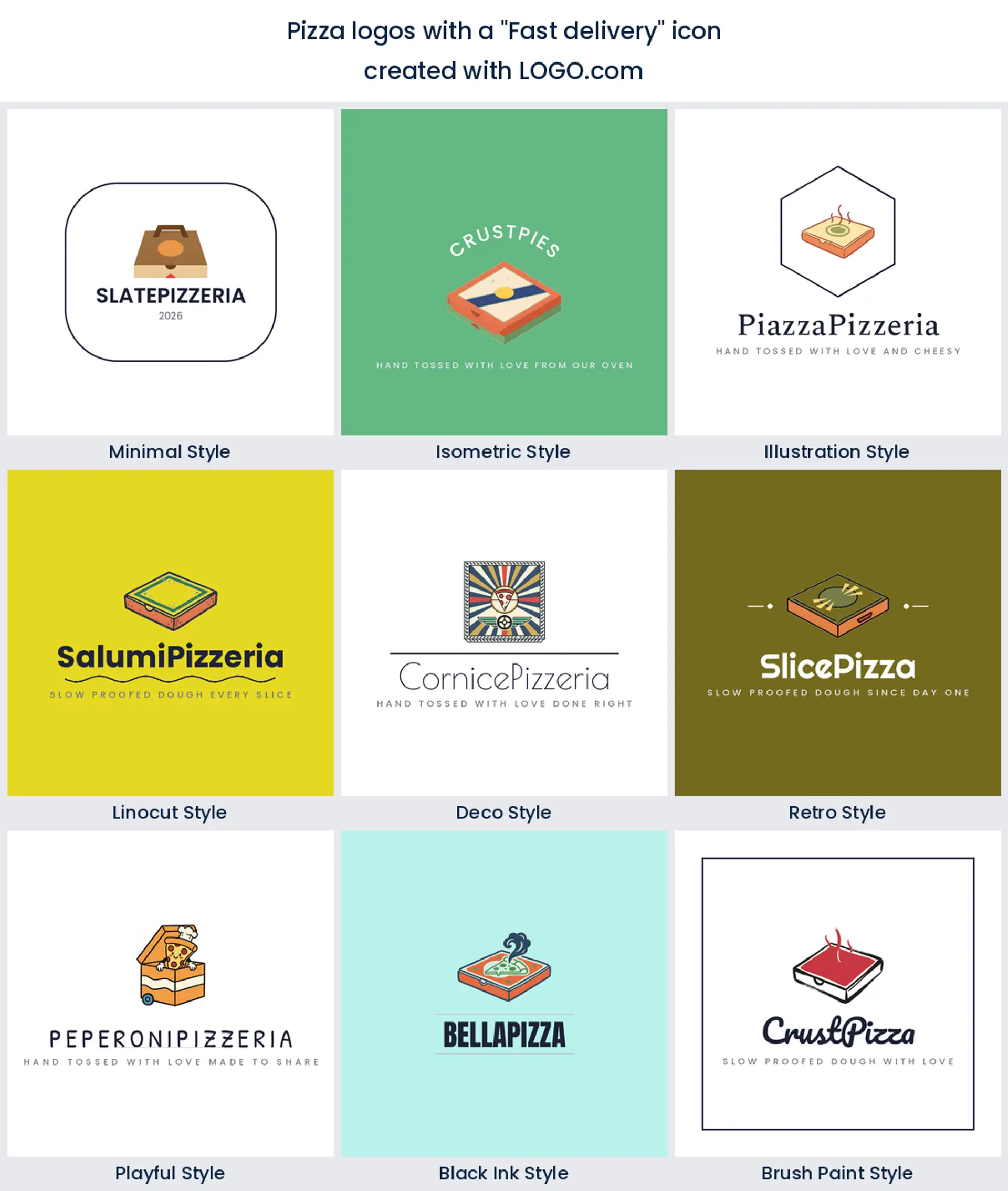 Fast delivery pizza logo shown in nine LOGO.com styles.