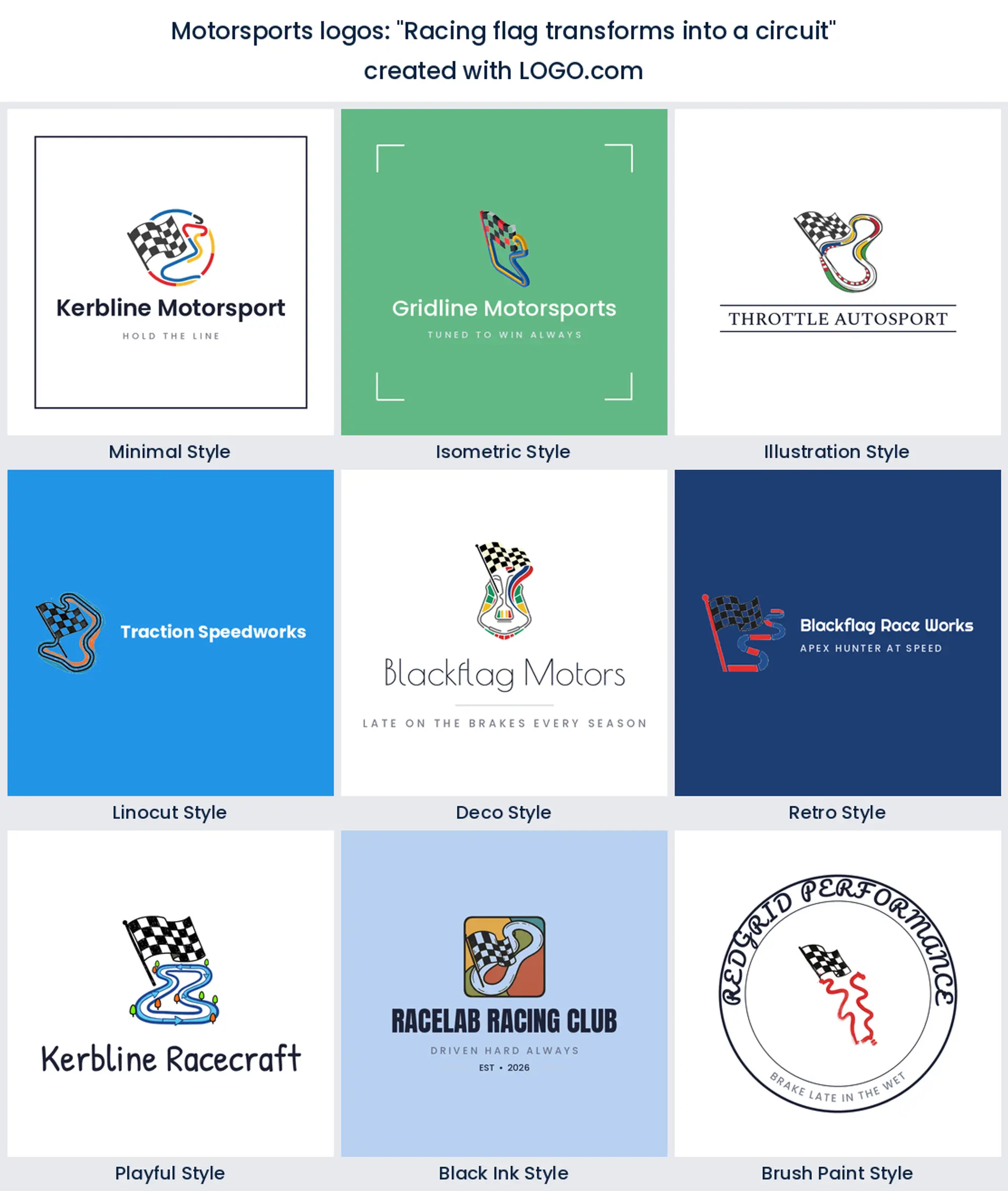 Nine circuit logos where a racing flag turns into a track layout, in nine design styles.