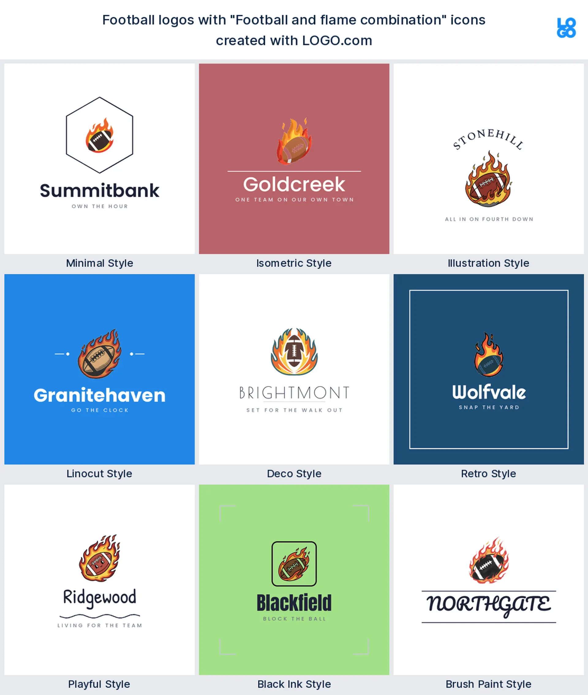 Flaming football logo shown in nine LOGO.com styles