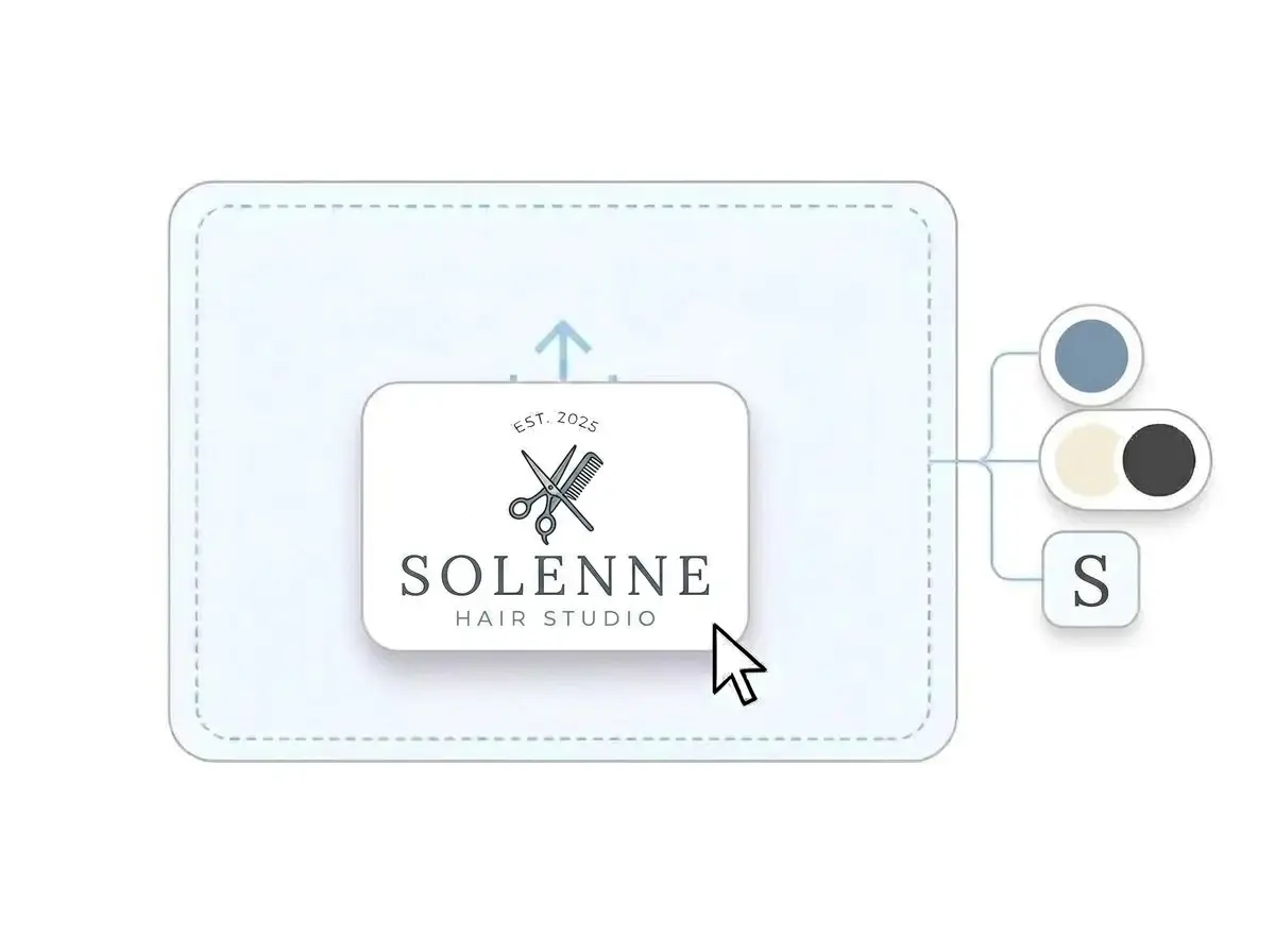 Solenne Hair Studio logo dropped into the LOGO.com upload box, with its dusty blue, warm cream and black colors and serif letter picked out