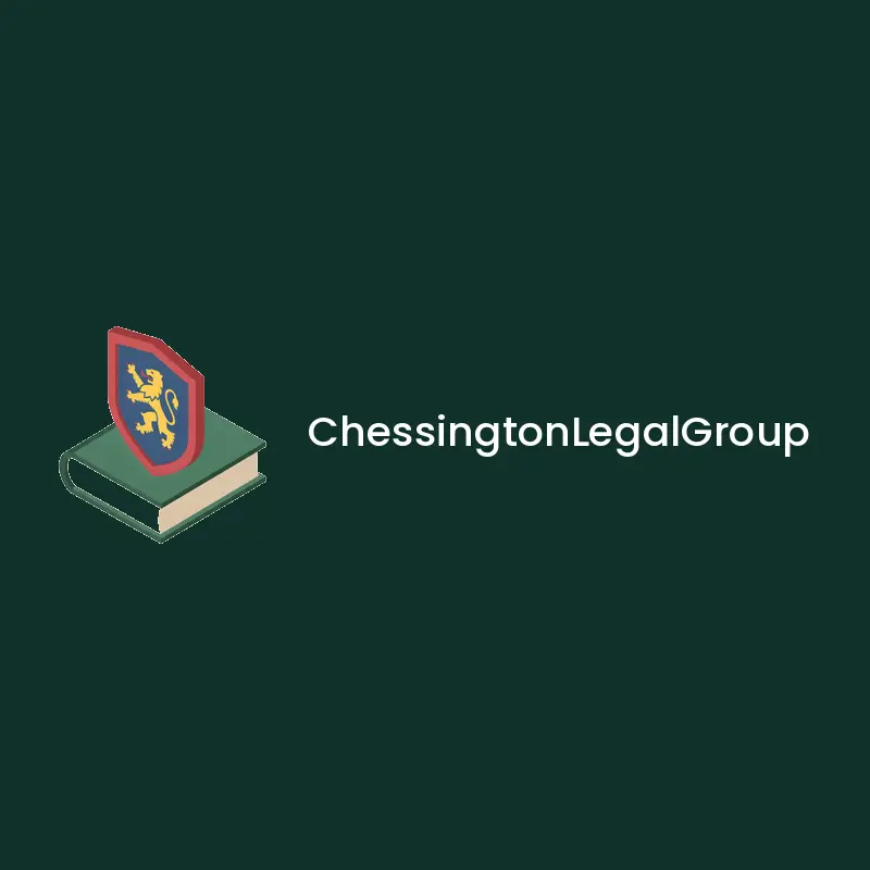 Isometric law office logo for ChessingtonLegalGroup with a shield resting on a law book