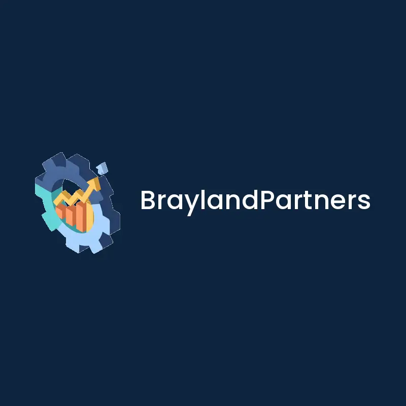 Isometric management consulting logo for BraylandPartners with a gear wheel and a rising graph on ink navy