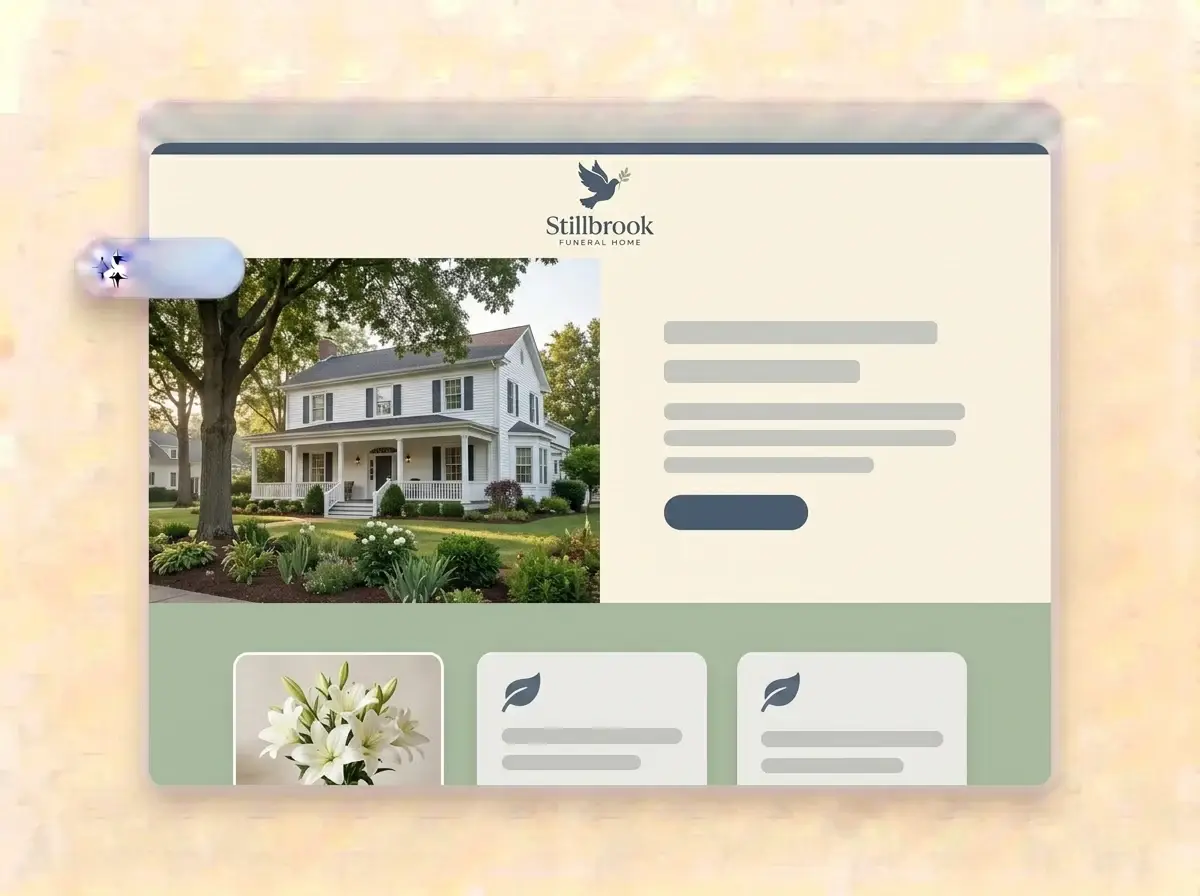 Finished Stillbrook Funeral Home website built by LOGO.com from the uploaded logo, with the white colonial building and garden in soft morning light in the hero photo