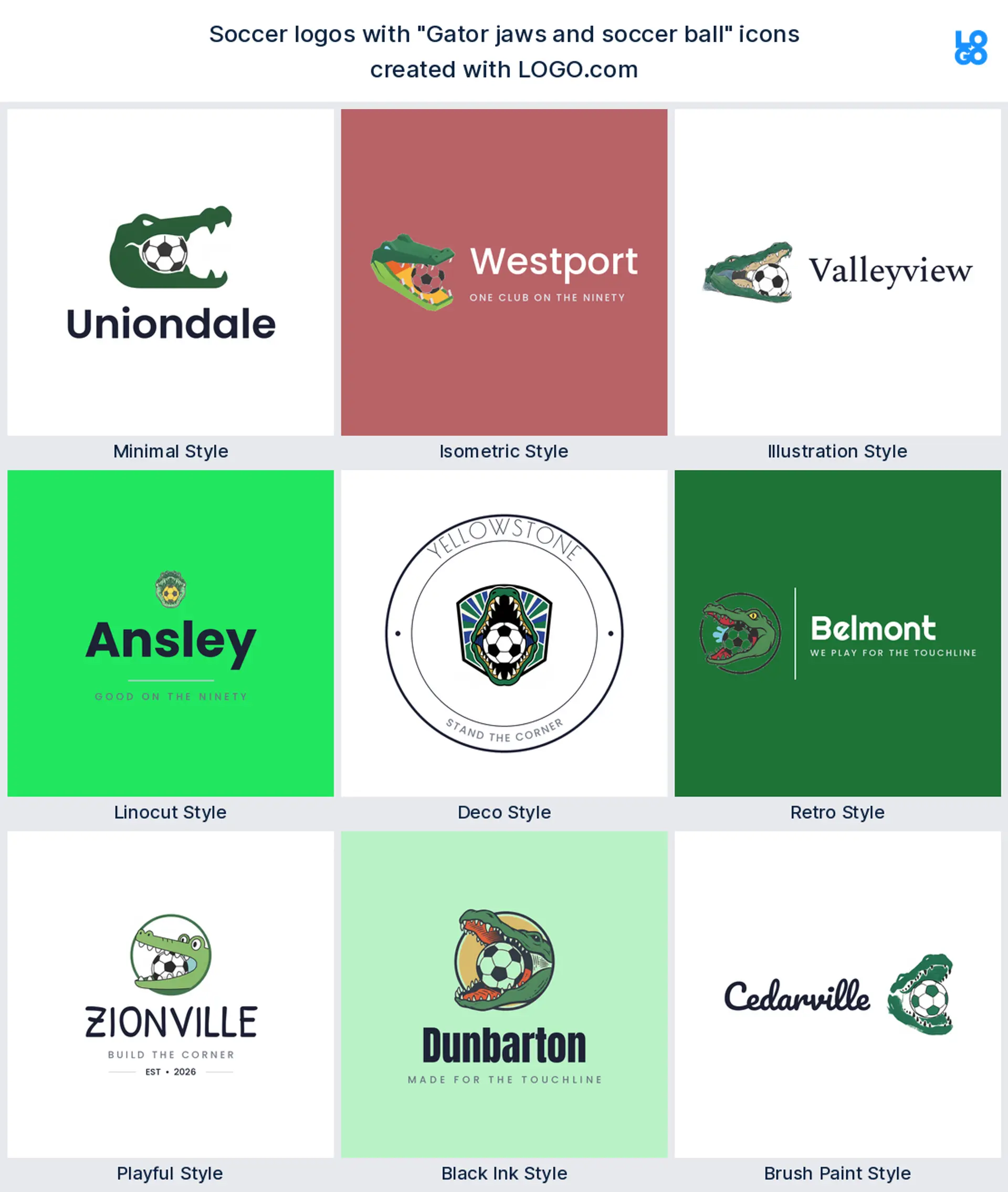 Gator jaws soccer logo shown in nine LOGO.com styles
