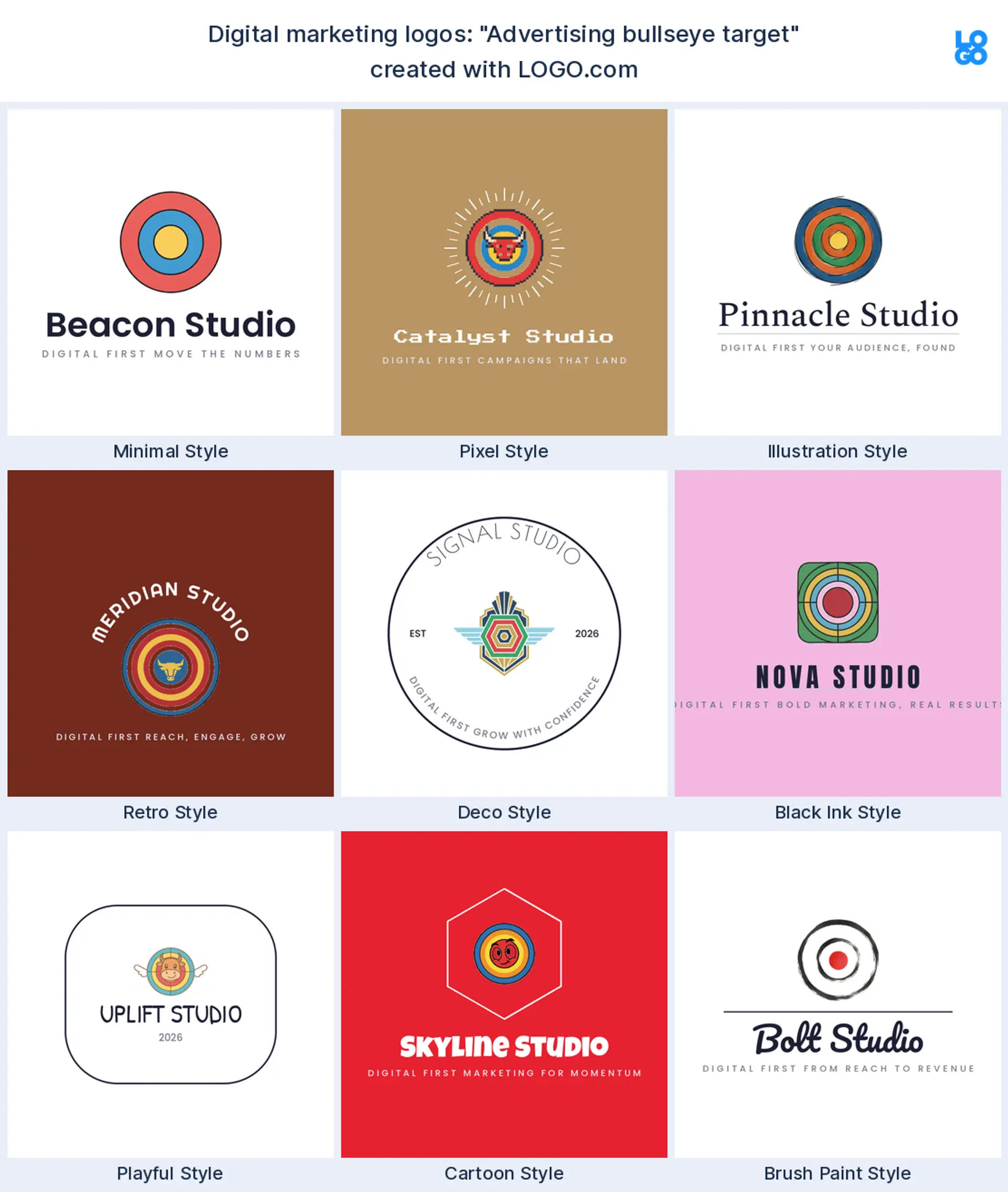 The "Advertising bullseye target" digital marketing logo idea, shown across nine styles on LOGO.com