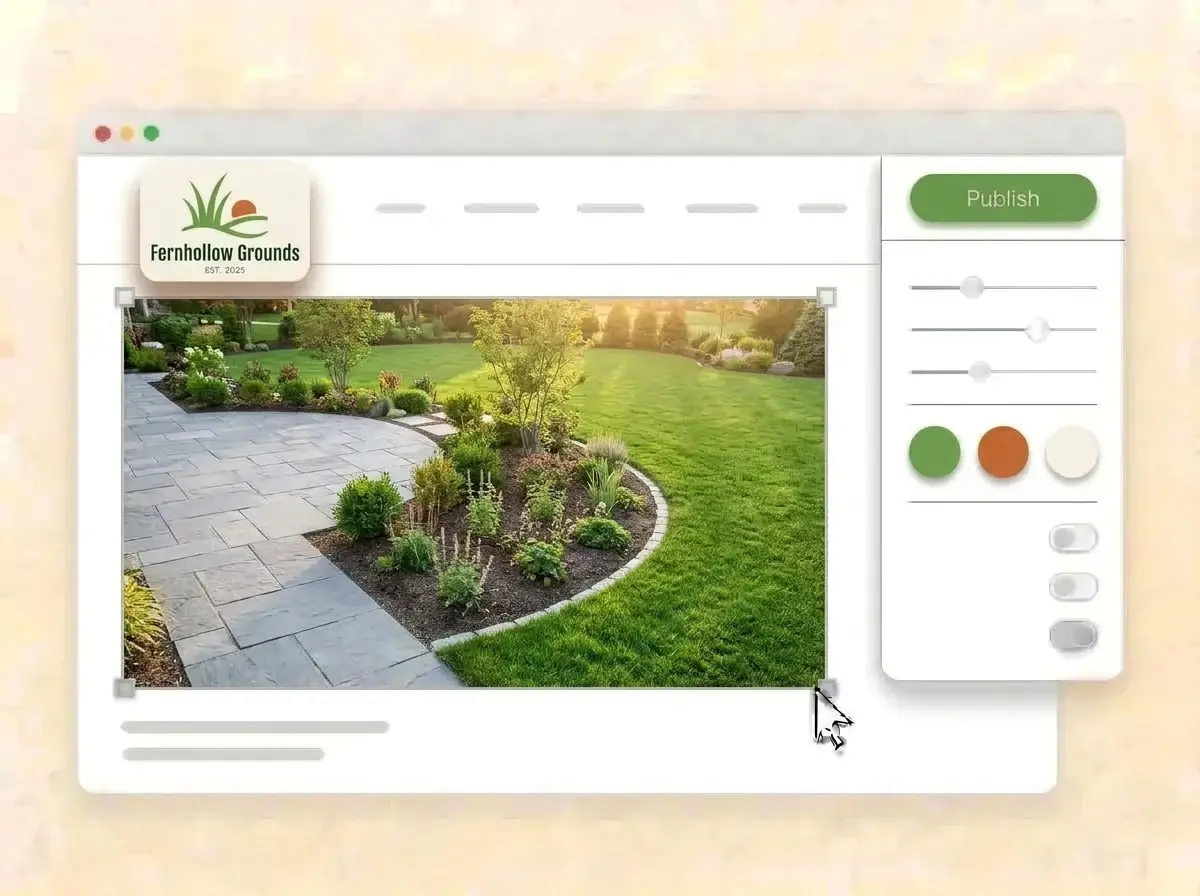 Editing the Fernhollow Grounds website with a new backyard patio photo selected, the style panel open and the grass green Publish button ready