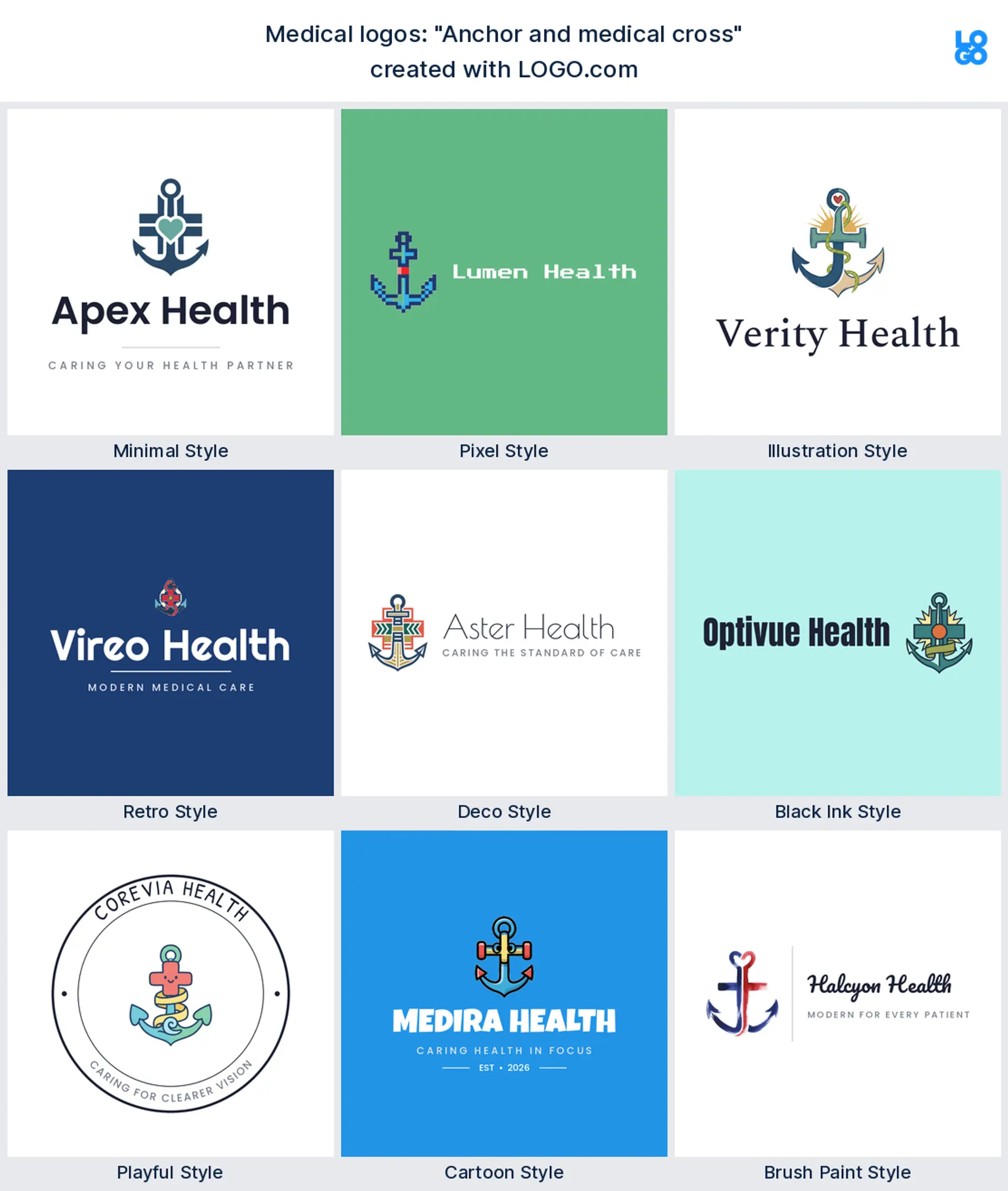 The "Anchor and medical cross" medical logo idea shown across nine LOGO.com styles