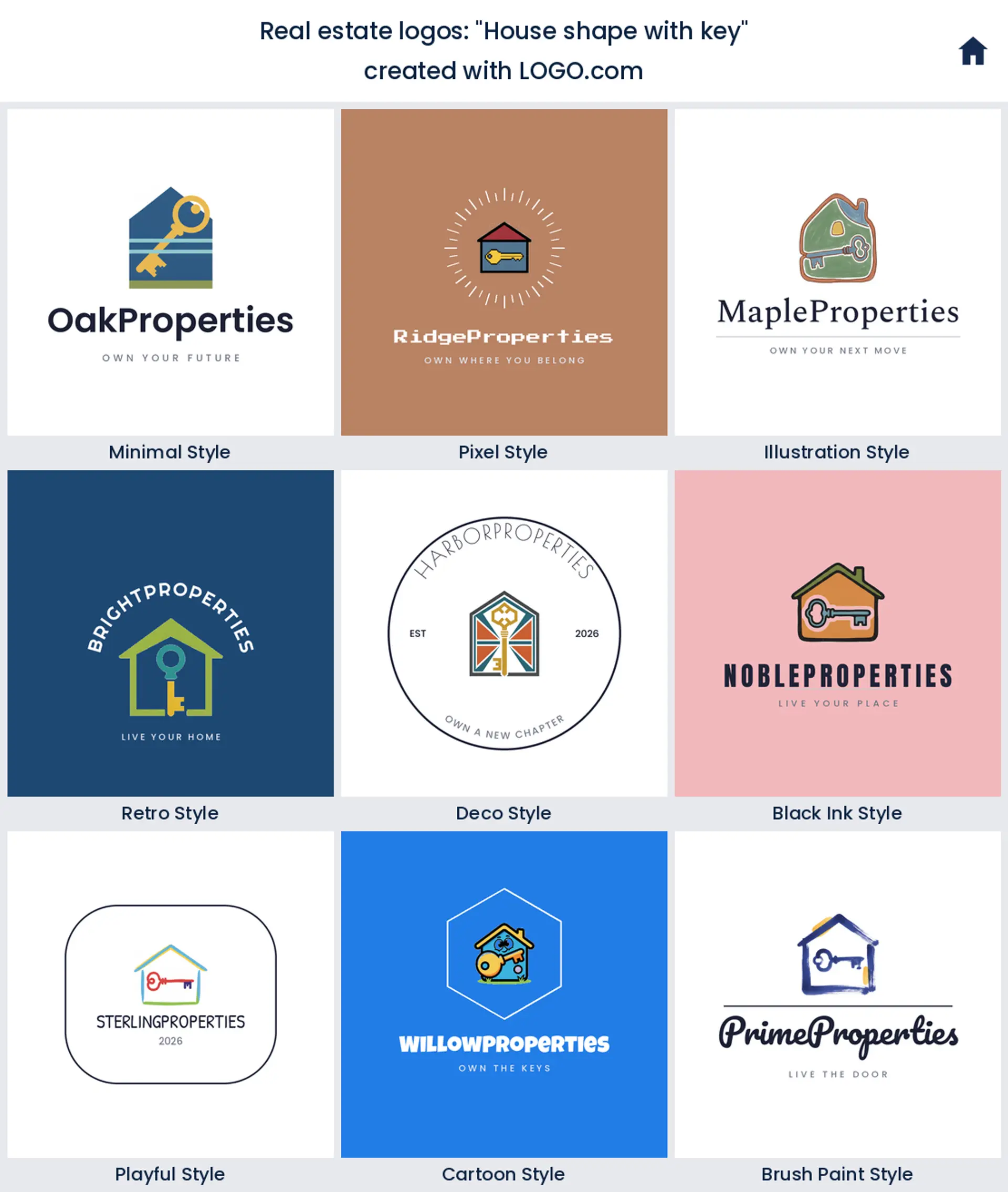 House shape with key, a real estate logo idea shown in nine LOGO.com styles