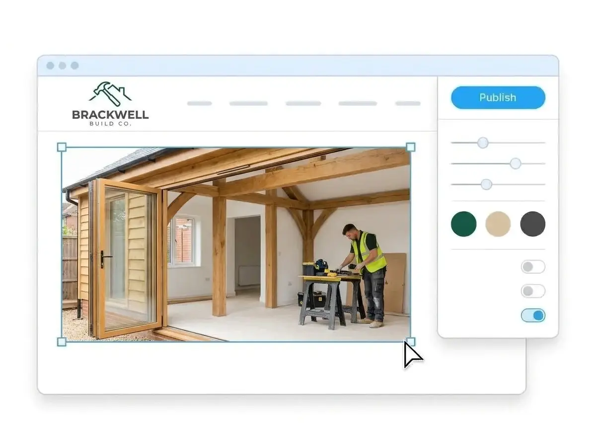 Editing the Brackwell Build Co. website with a timber beam home extension photo selected, the style panel open and the Publish button ready