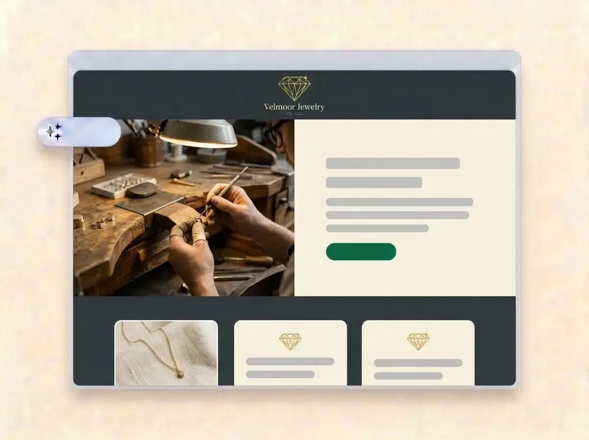 Finished Velmoor Jewelry website built by LOGO.com from the uploaded logo, with a jeweler setting a stone into a gold ring in the hero photo