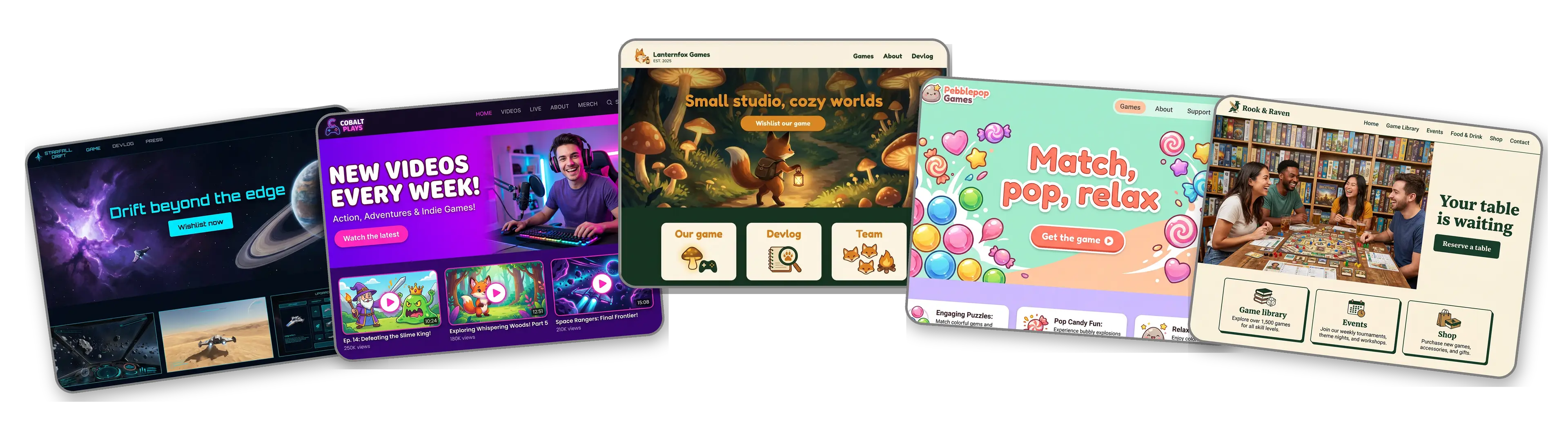 Five gaming websites built with LOGO.com from a logo upload: a sci fi game launch page, a gaming video creator, an indie game studio, a mobile puzzle game and a board game cafe