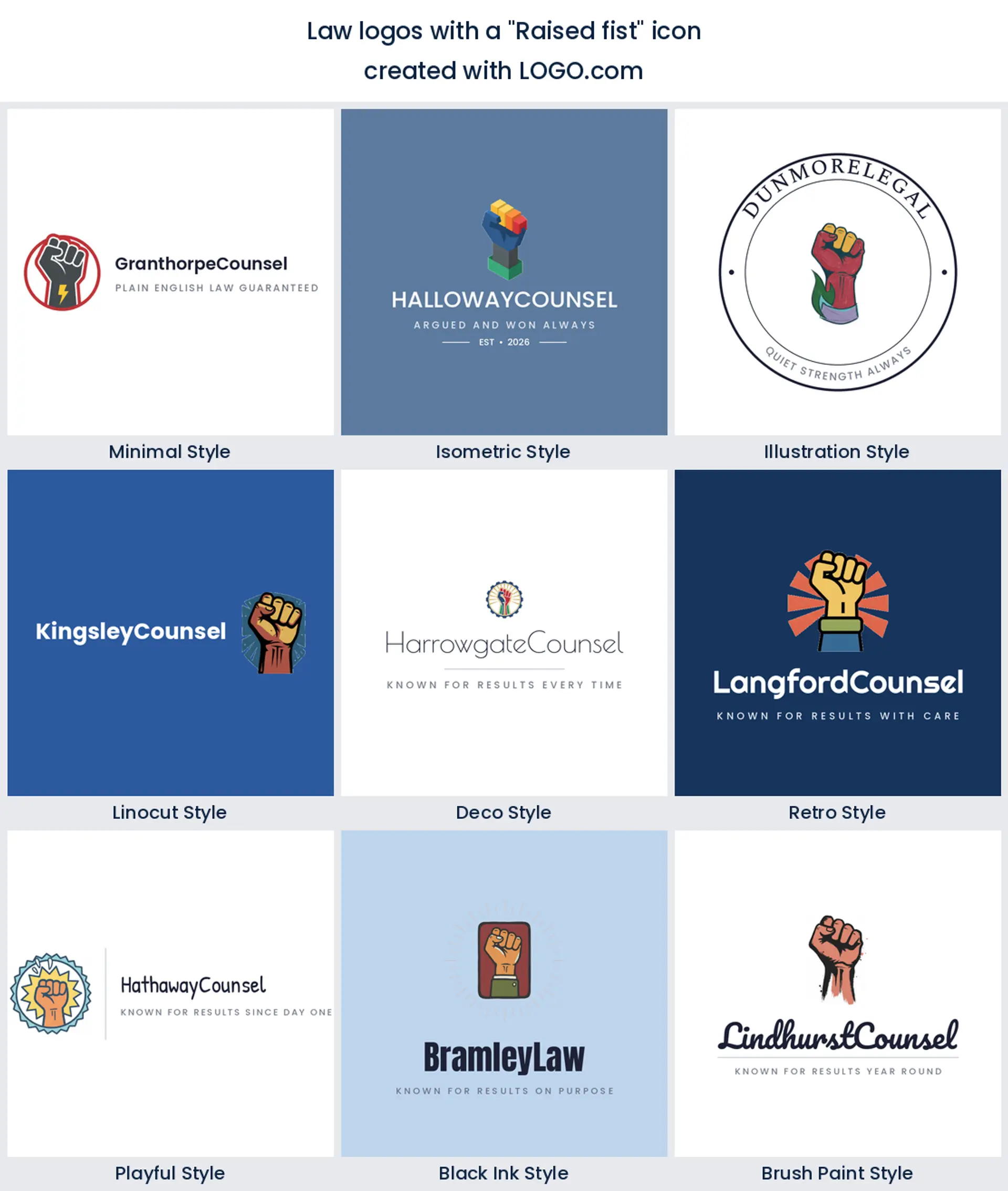 Raised fist marks for advocacy brands shown across nine logo styles