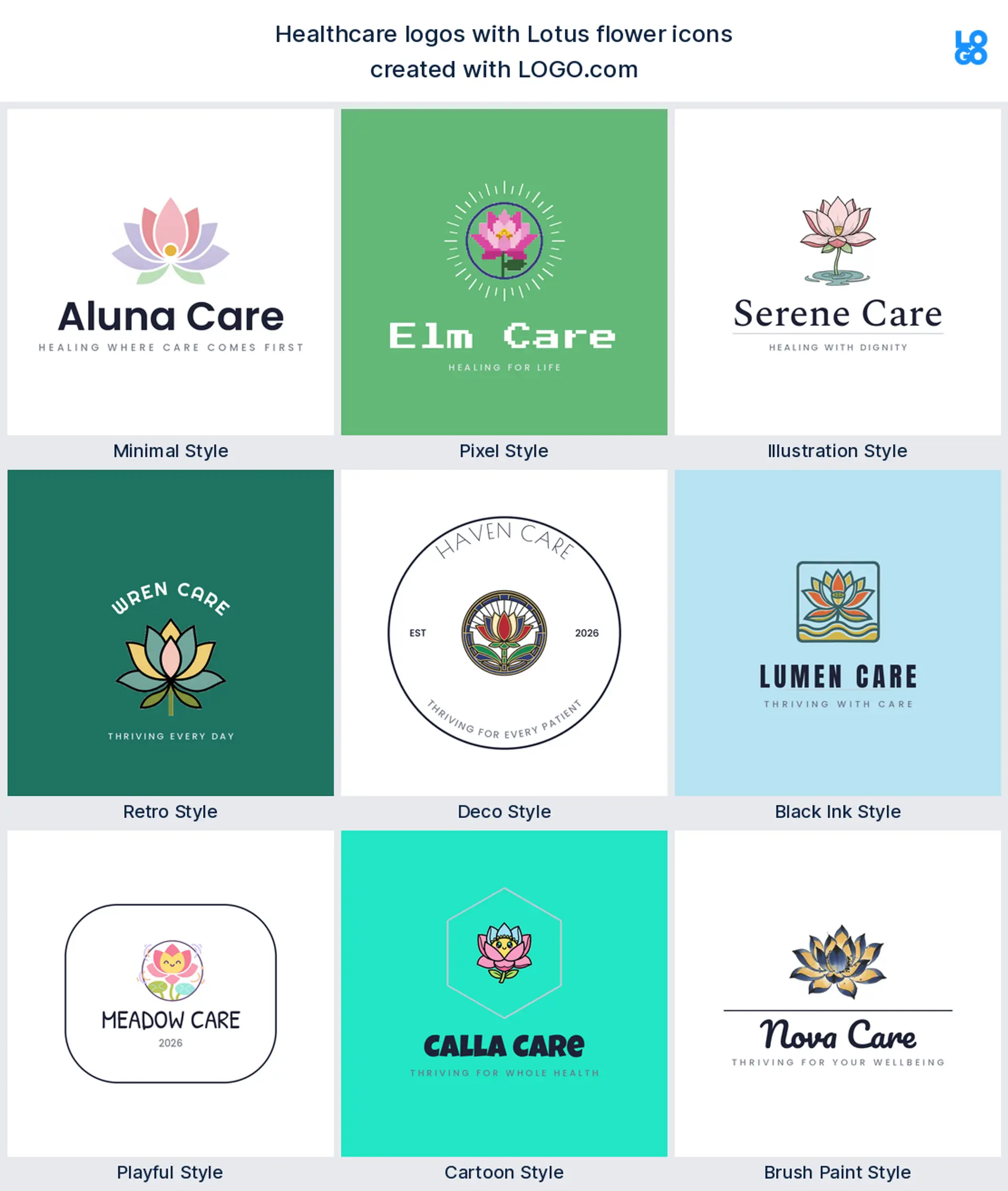 Lotus flower shown across nine LOGO.com healthcare logo styles
