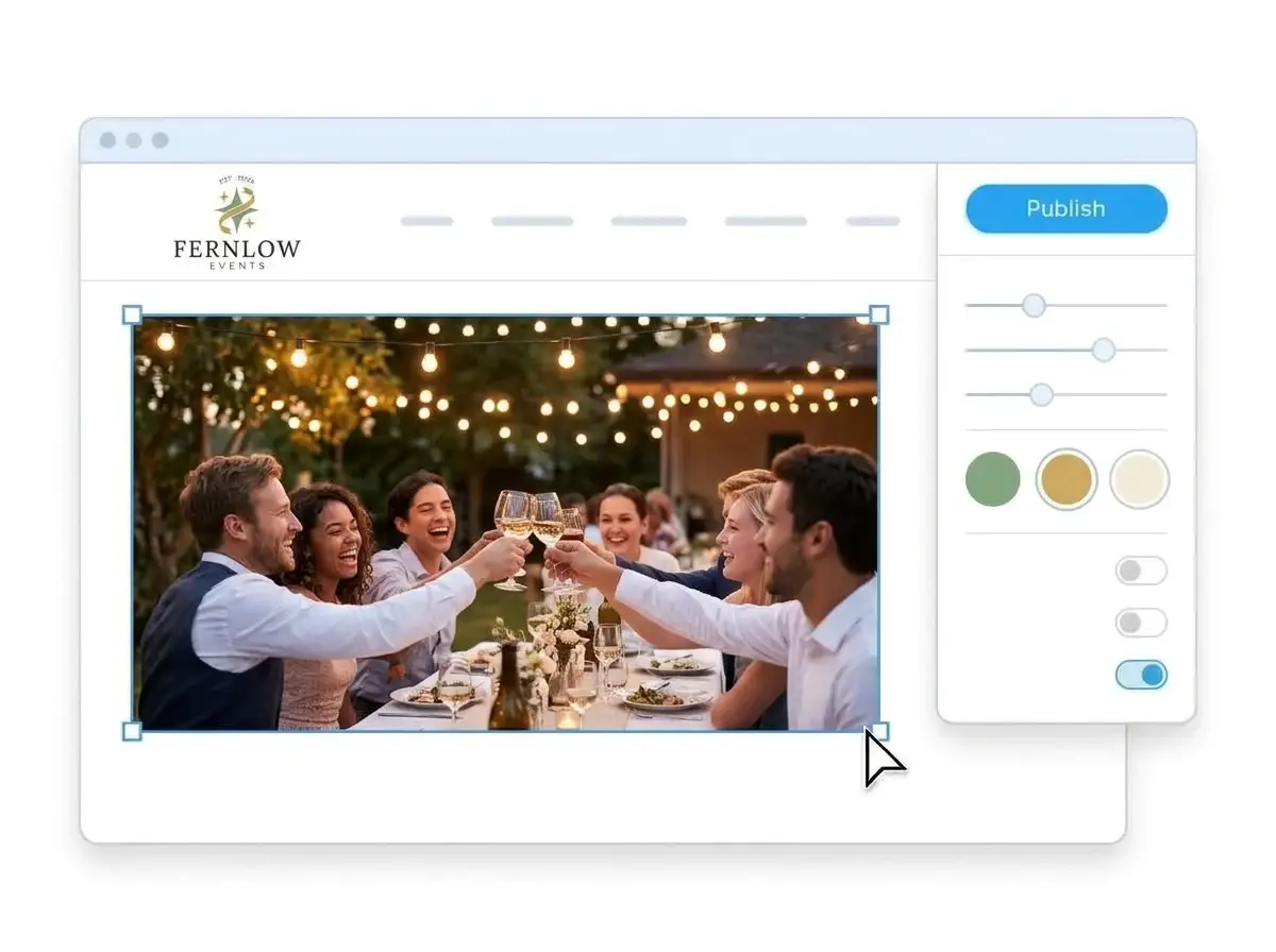 Editing the Fernlow Events website with a photo of guests raising glasses under string lights selected, the style panel open and the Publish button ready