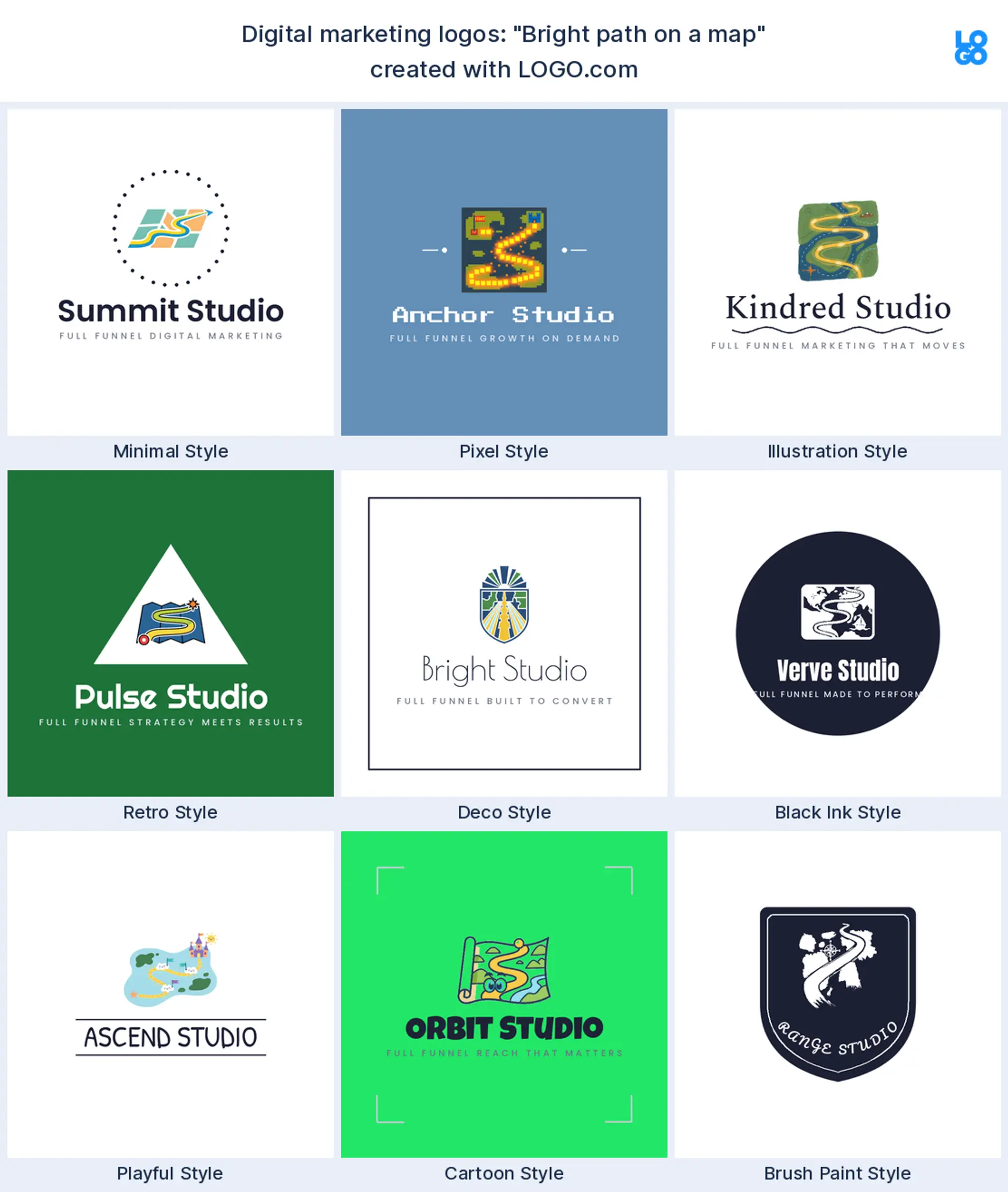 The "Bright path on a map" digital marketing logo idea, shown across nine styles on LOGO.com
