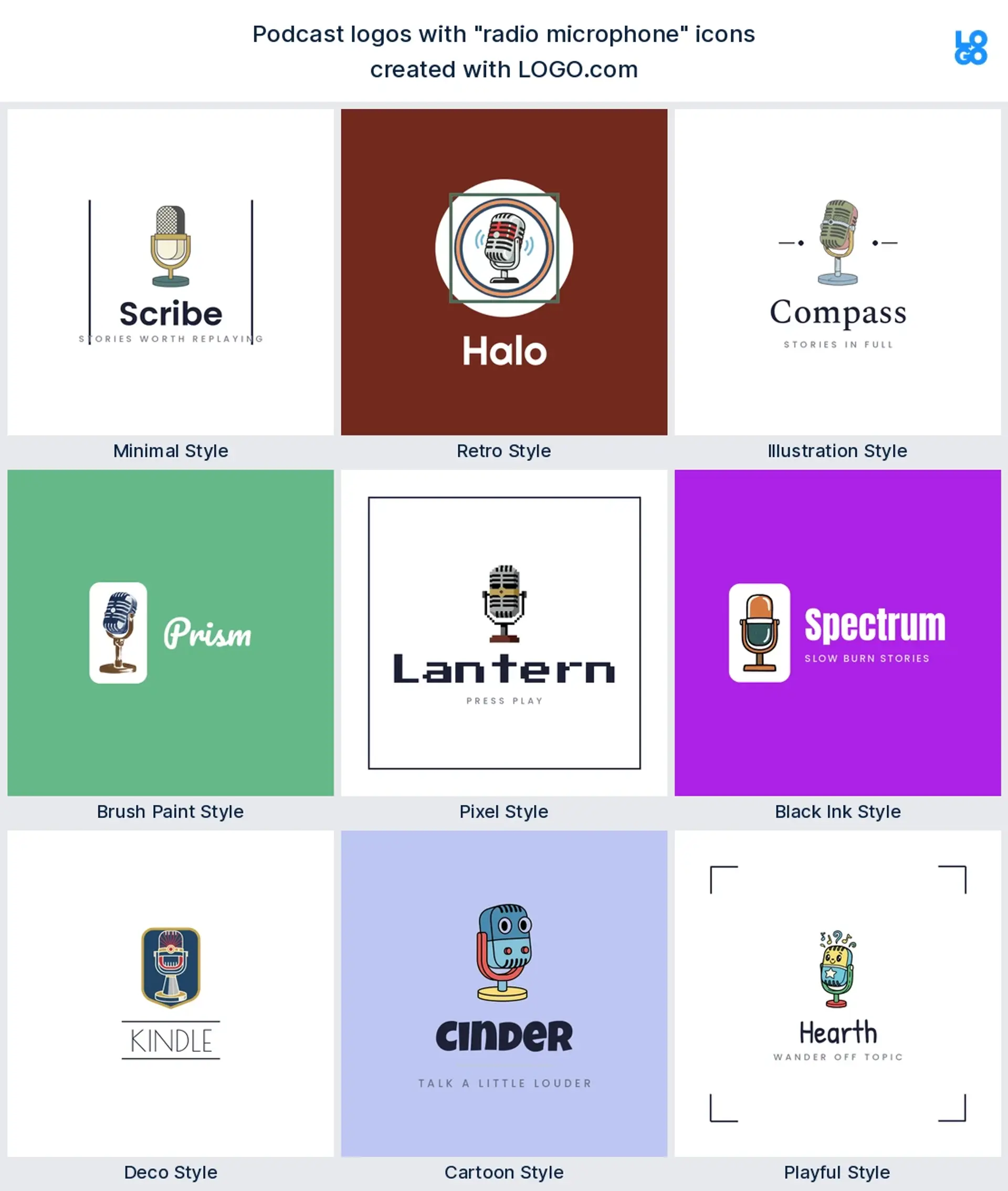 Radio microphone podcast logo shown in nine LOGO.com styles