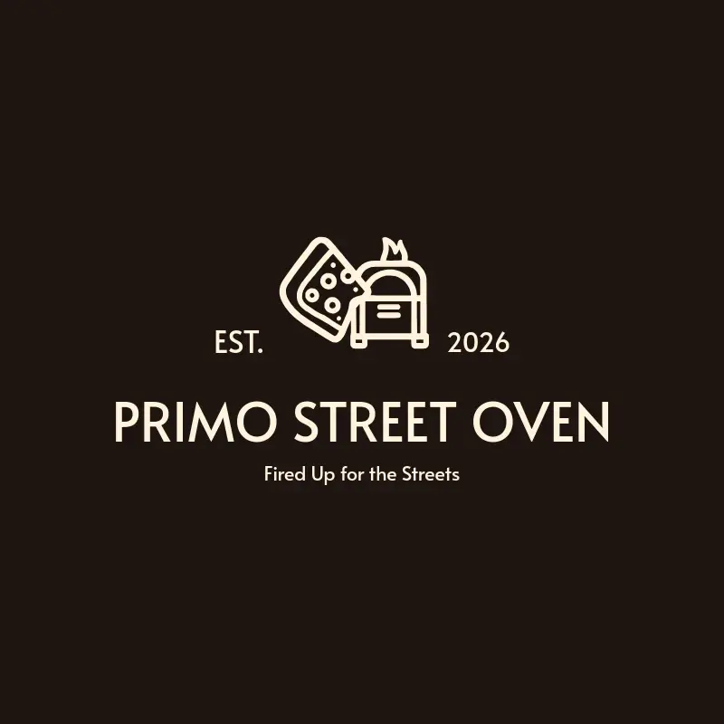 The pizza shop name Primo Street Oven as a branded logo with a single color icon