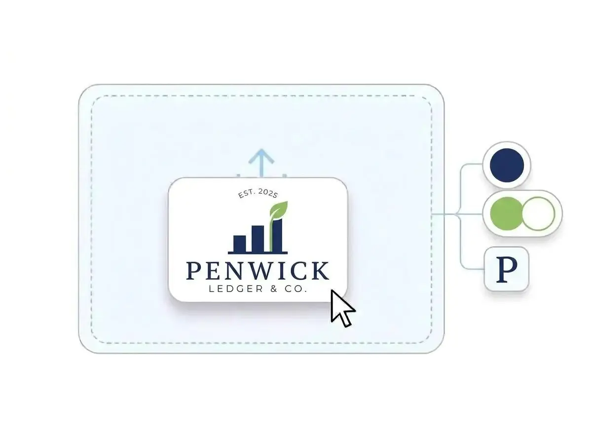 Penwick Ledger and Co. logo dropped into the LOGO.com upload box, with its navy rising bars and green leaf mark and its green and white colors picked out