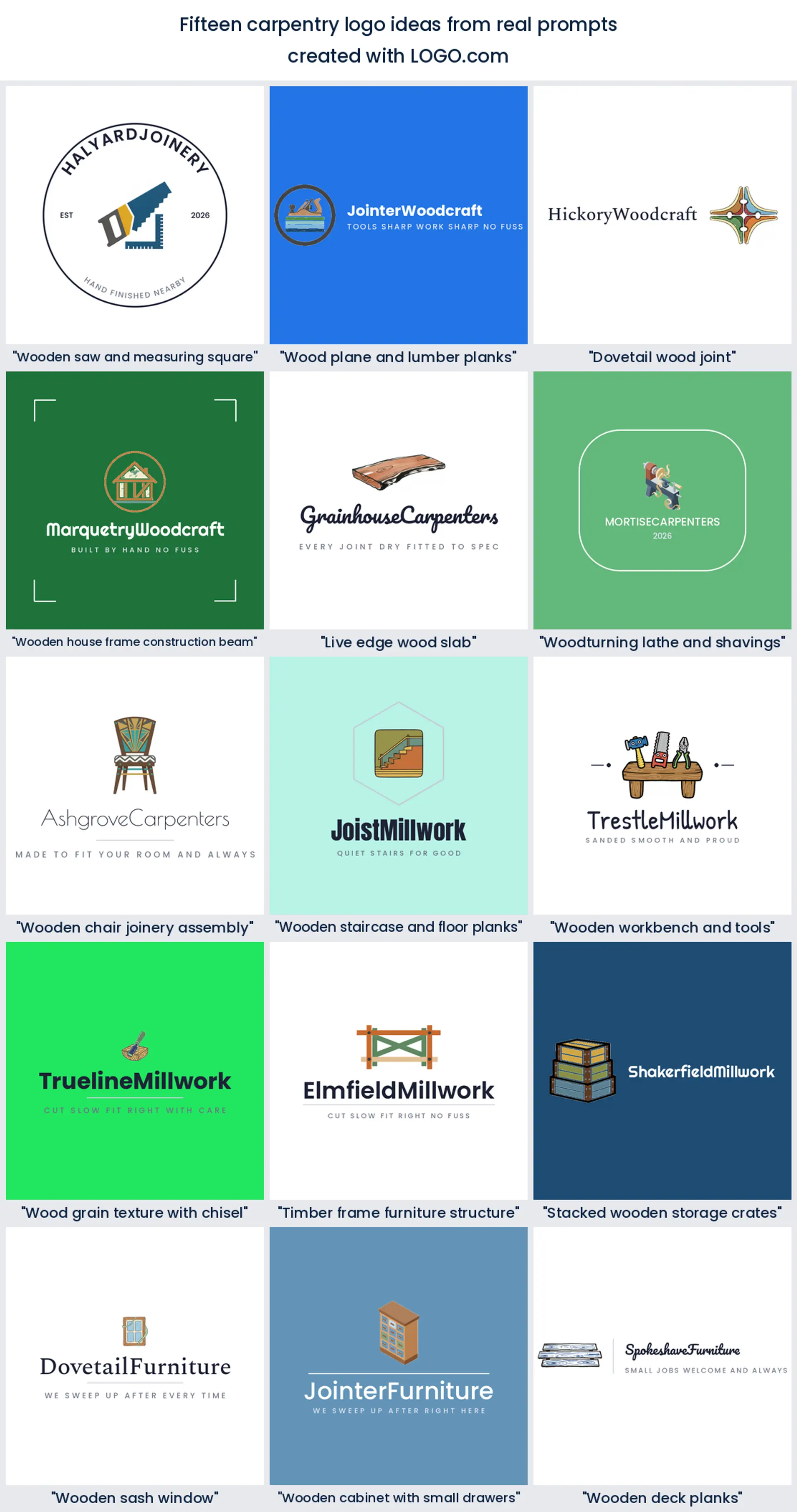 Fifteen woodworking logo ideas from real founder prompts, shown as a carpentry logo grid across nine LOGO.com styles