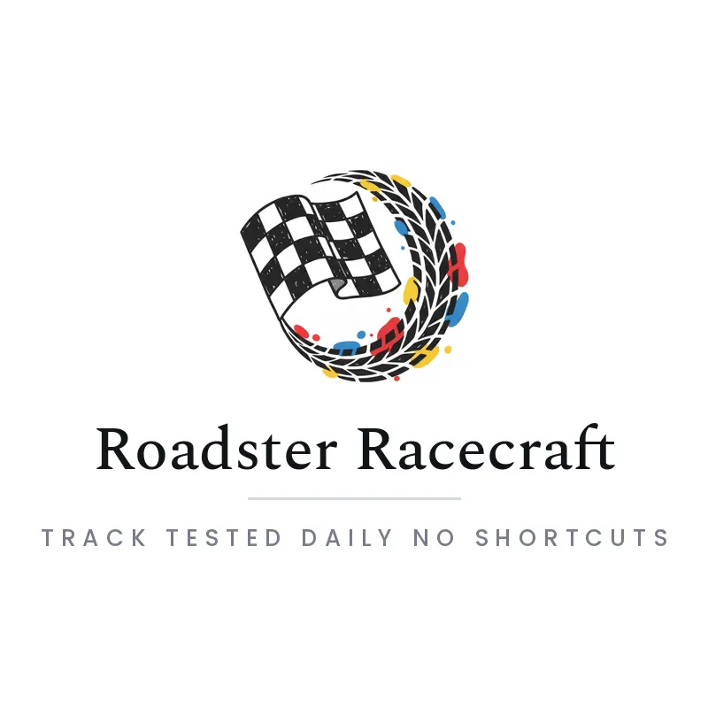 An illustrated racing flag running into a tire tread above a rounded garage name.