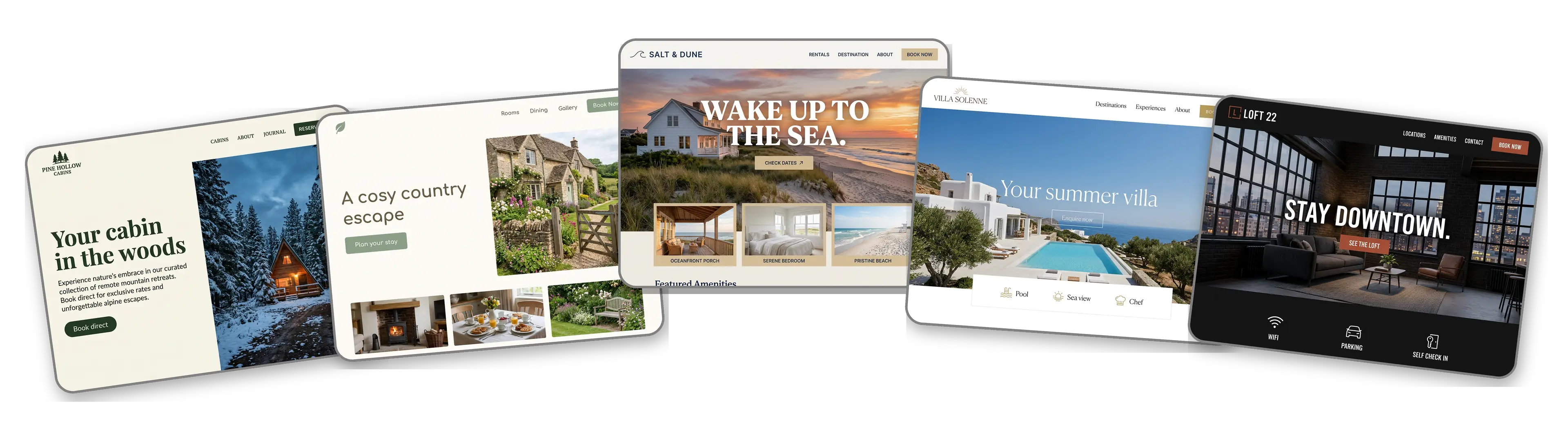 Five vacation rental websites built with LOGO.com from a logo upload: a mountain cabin, a countryside holiday cottage, a beach house, a Mediterranean villa and a city loft apartment