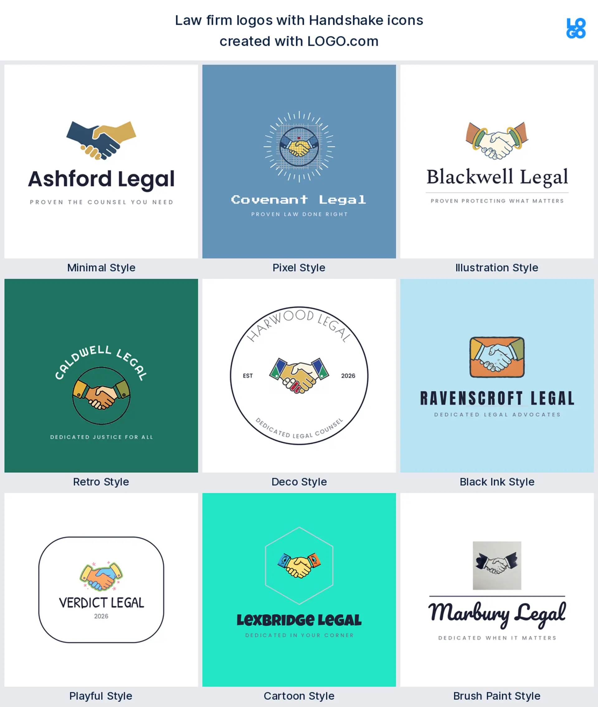 Handshake, a popular legal logo symbol, shown across nine styles on LOGO.com