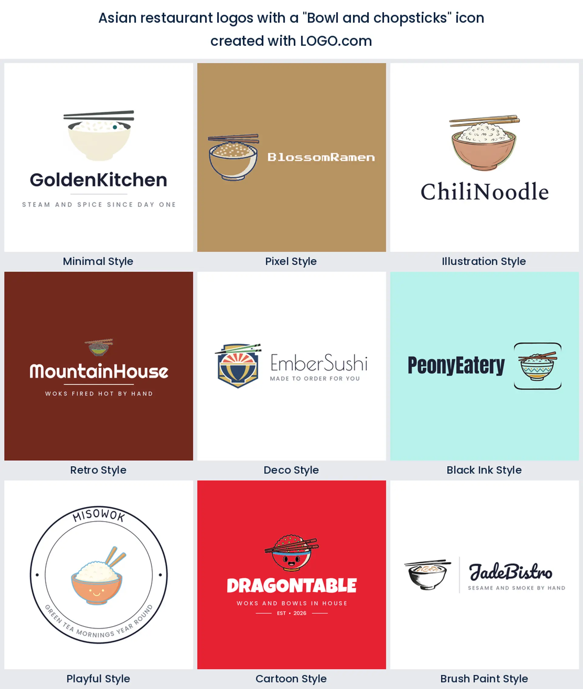 Bowl and chopsticks Asian restaurant logo shown in nine LOGO.com styles.