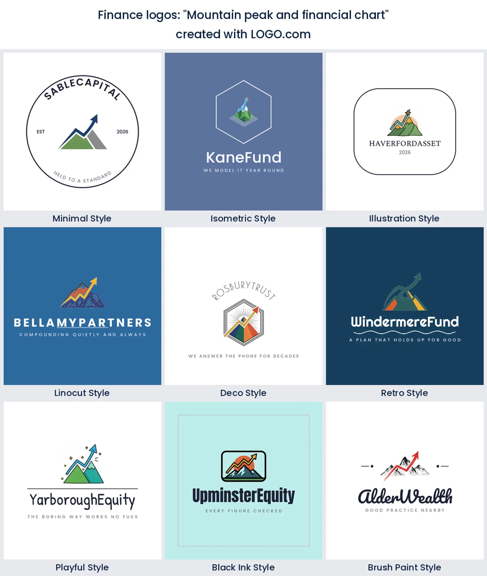 Nine styles of finance logo with a rising chart breaking over a mountain peak