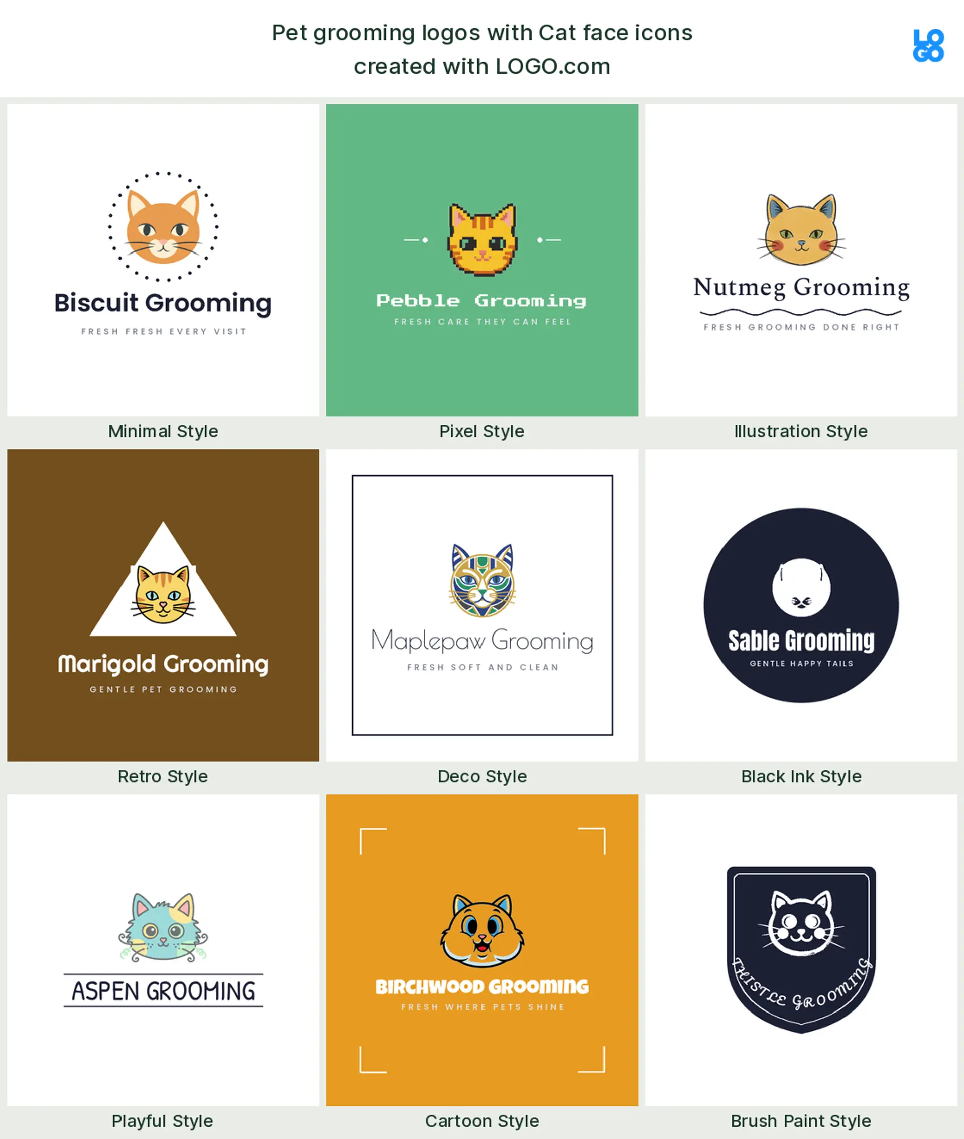 Cat face, a popular pet grooming logo symbol, shown across nine styles on LOGO.com