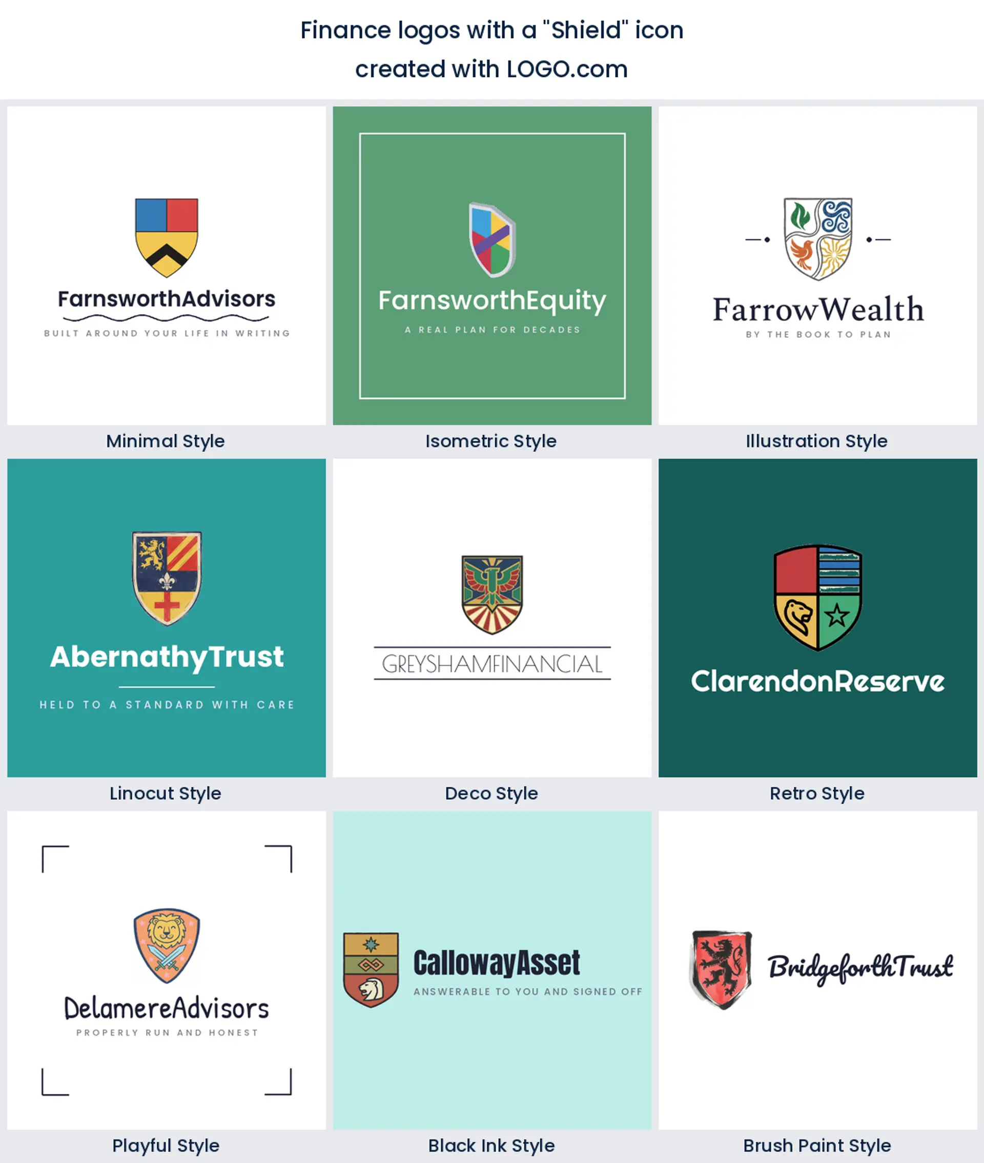 Nine styles of financial logo built on a plain heraldic shield