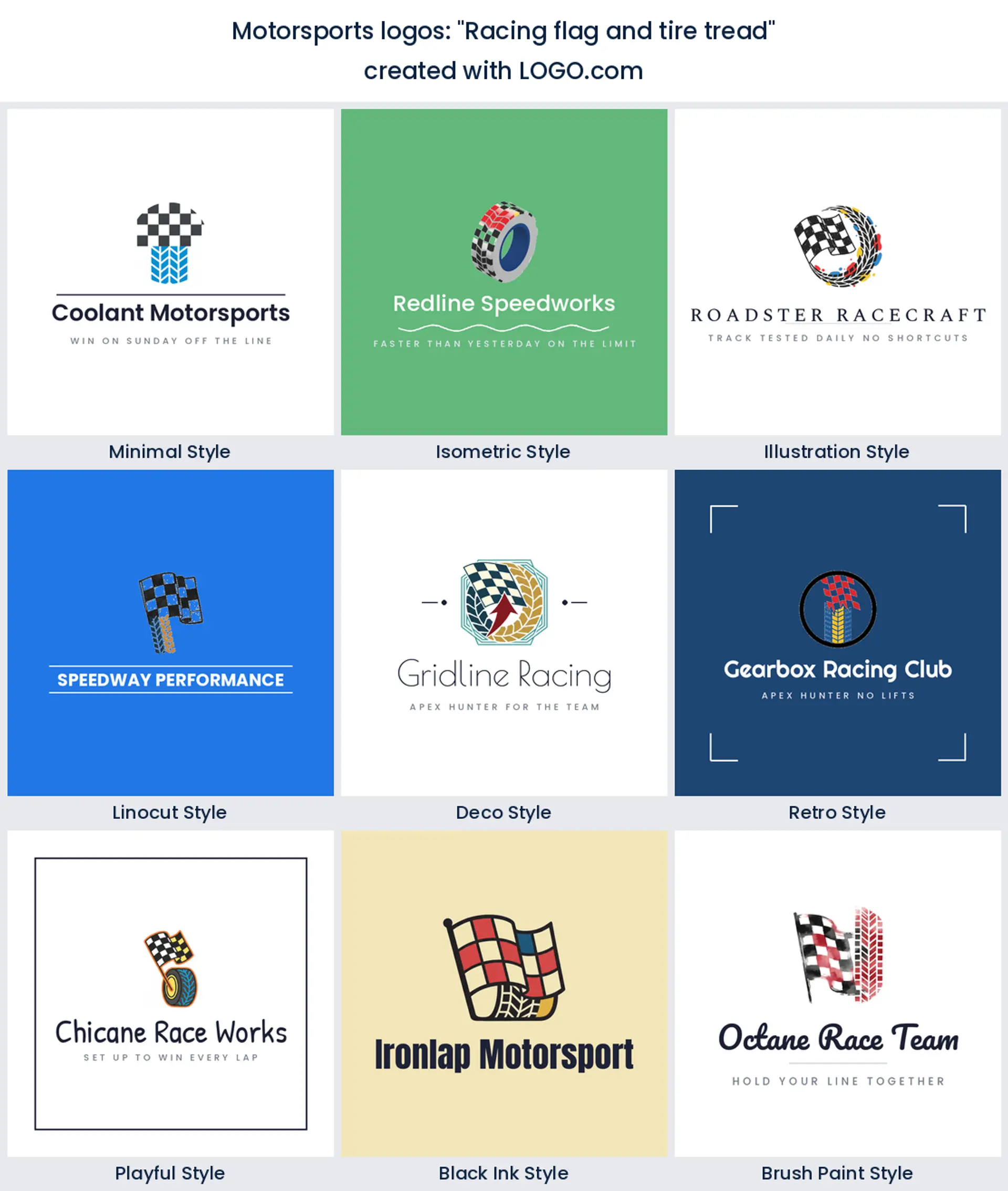 Nine race workshop logos where a racing flag becomes a tire tread, across nine styles.