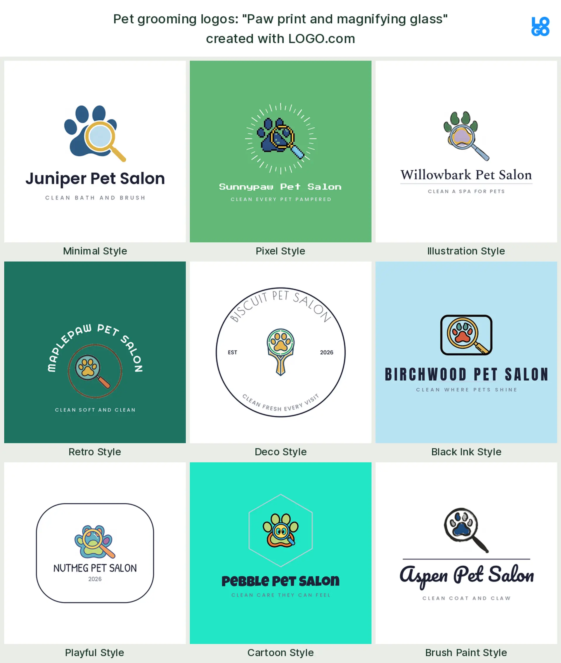 The "Paw print and magnifying glass" pet grooming logo idea, shown across nine styles on LOGO.com