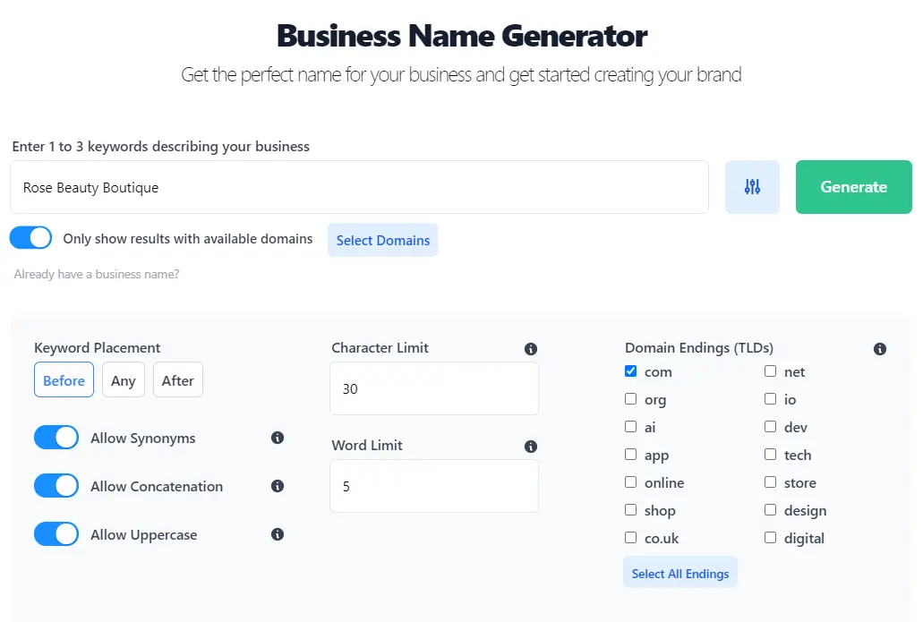 Input 1 to 3 keywords about your business