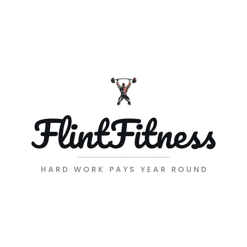 Brush script muscle man lifting a barbell logo for FlintFitness