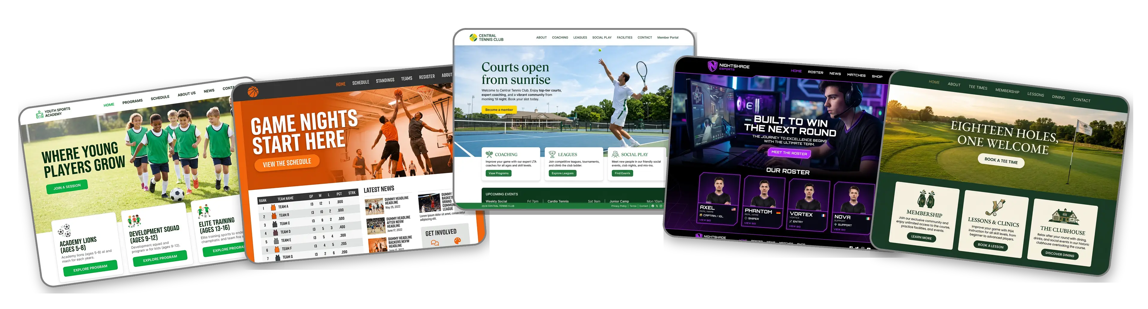 Five sports websites built with LOGO.com from a logo upload: a youth sports academy, a basketball league, a tennis club, an esports team and a golf club