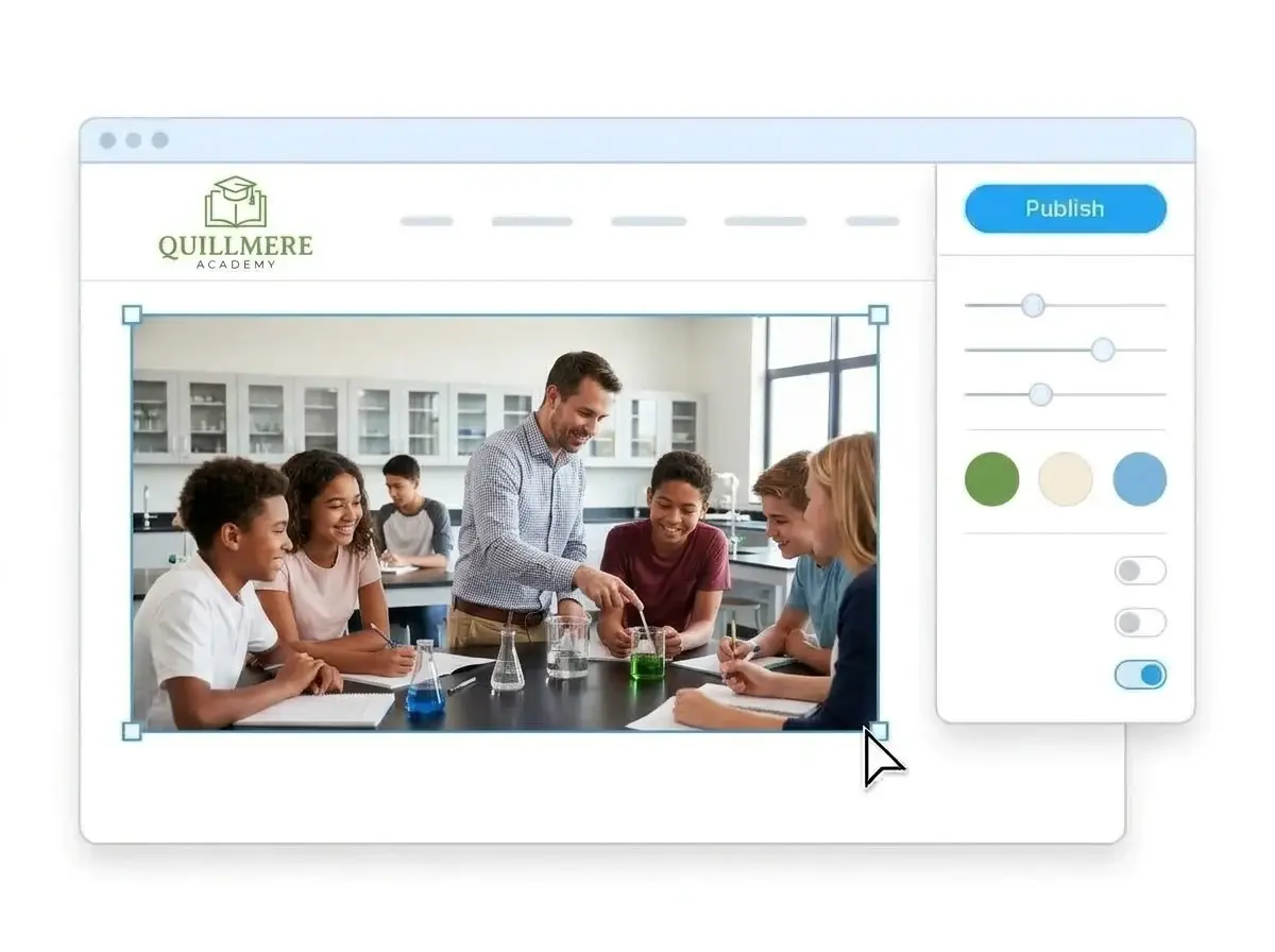 Editing the Quillmere Academy website with a photo of students doing a science experiment selected, the style panel open and the Publish button ready
