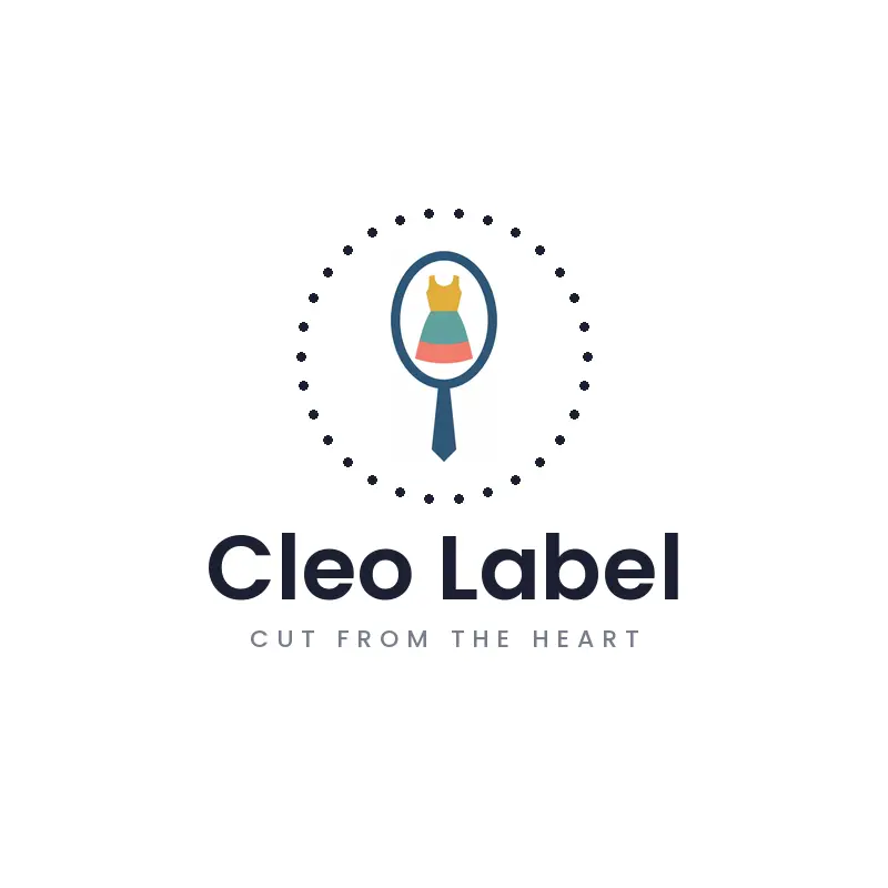 A hand mirror reflecting a dress, shown as a boutique logo in a minimal style