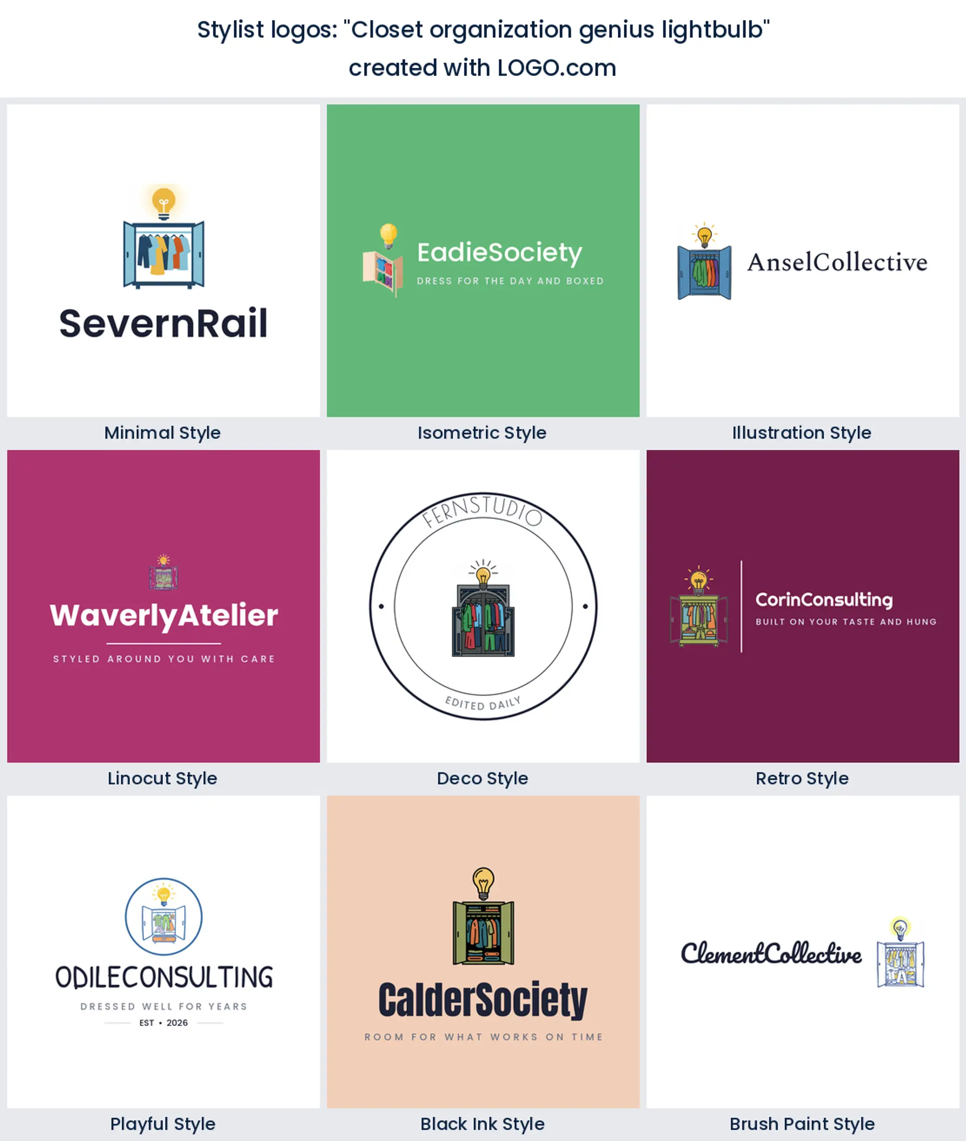 Closet and lightbulb stylist logo shown in nine LOGO.com styles