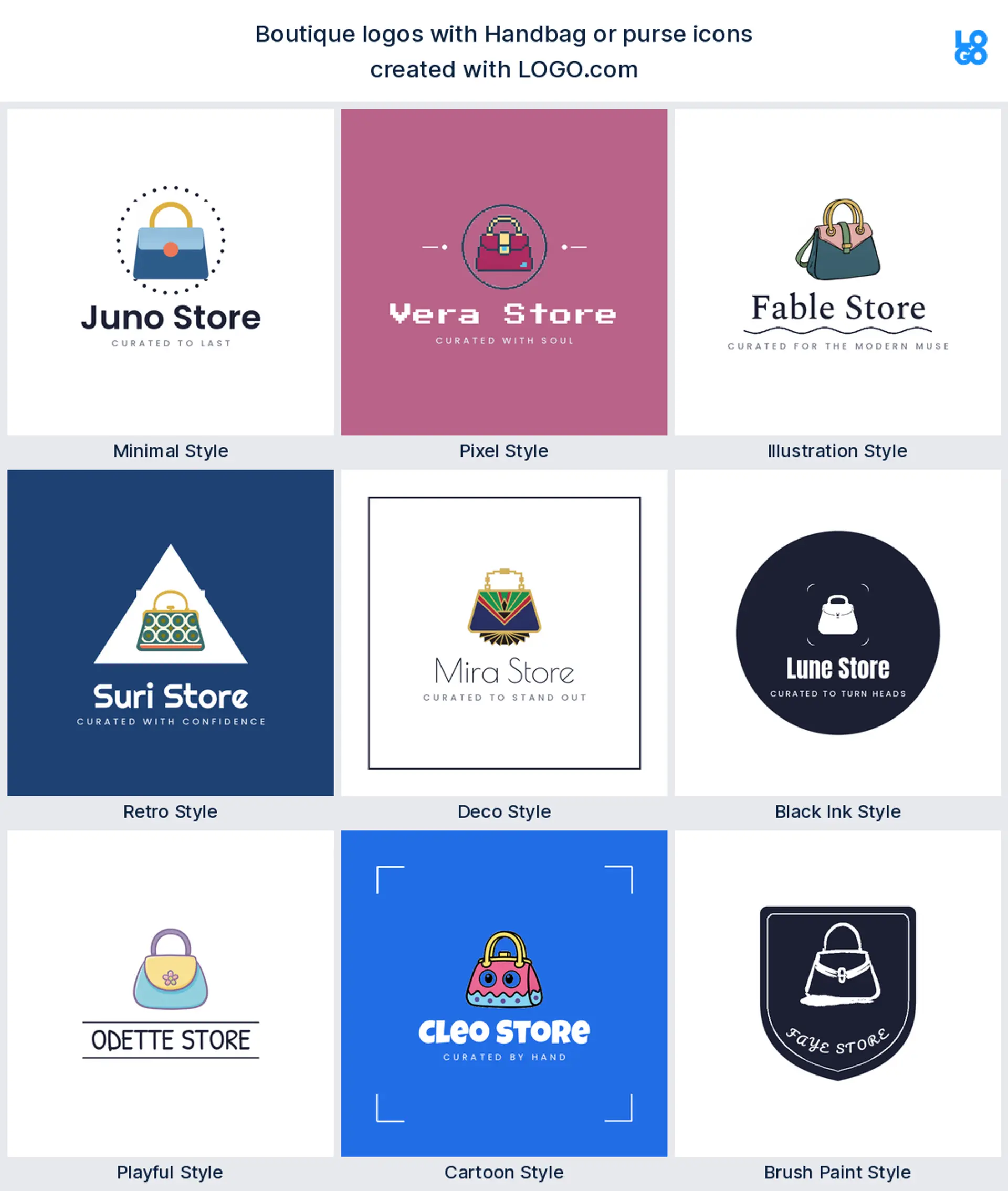 Handbag or purse shown across nine LOGO.com logo styles