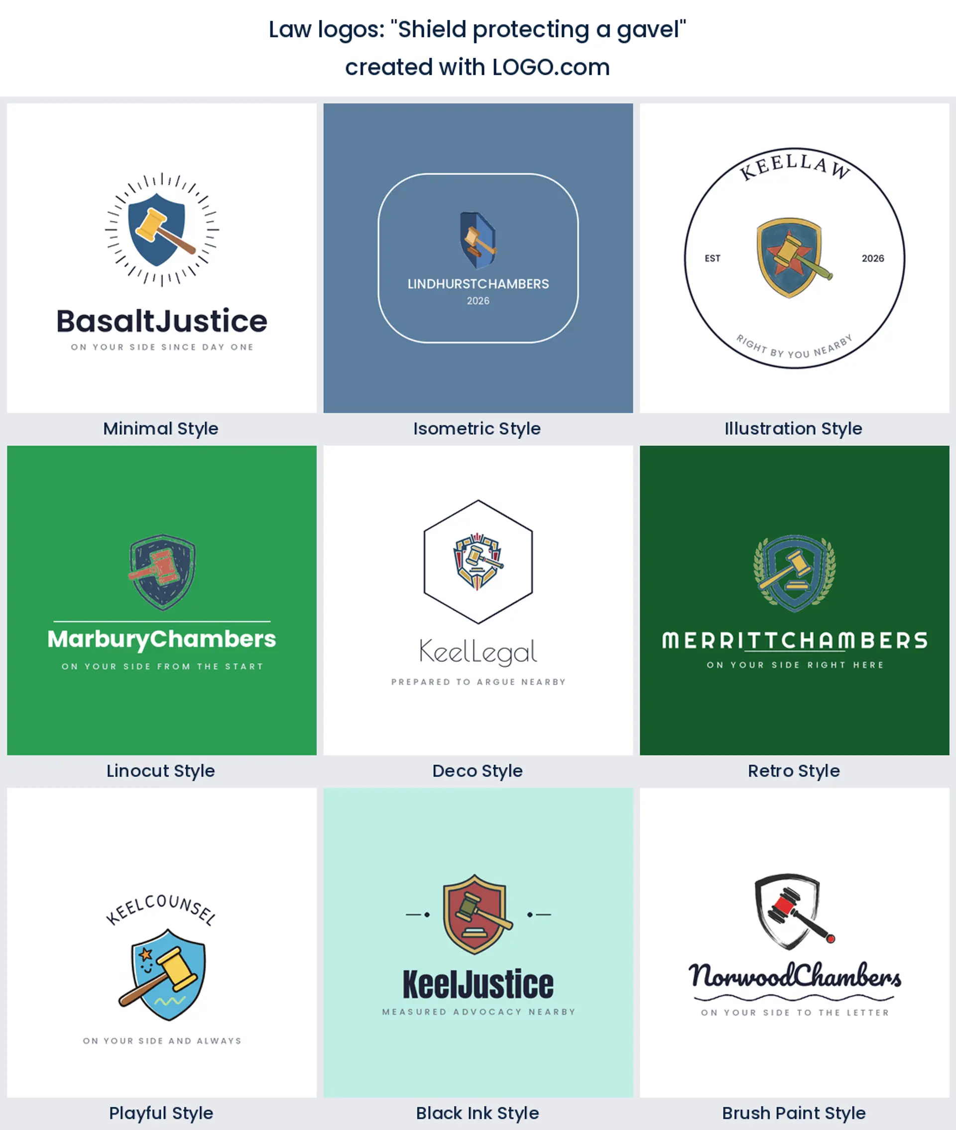 A shield protecting a gavel drawn across nine logo styles