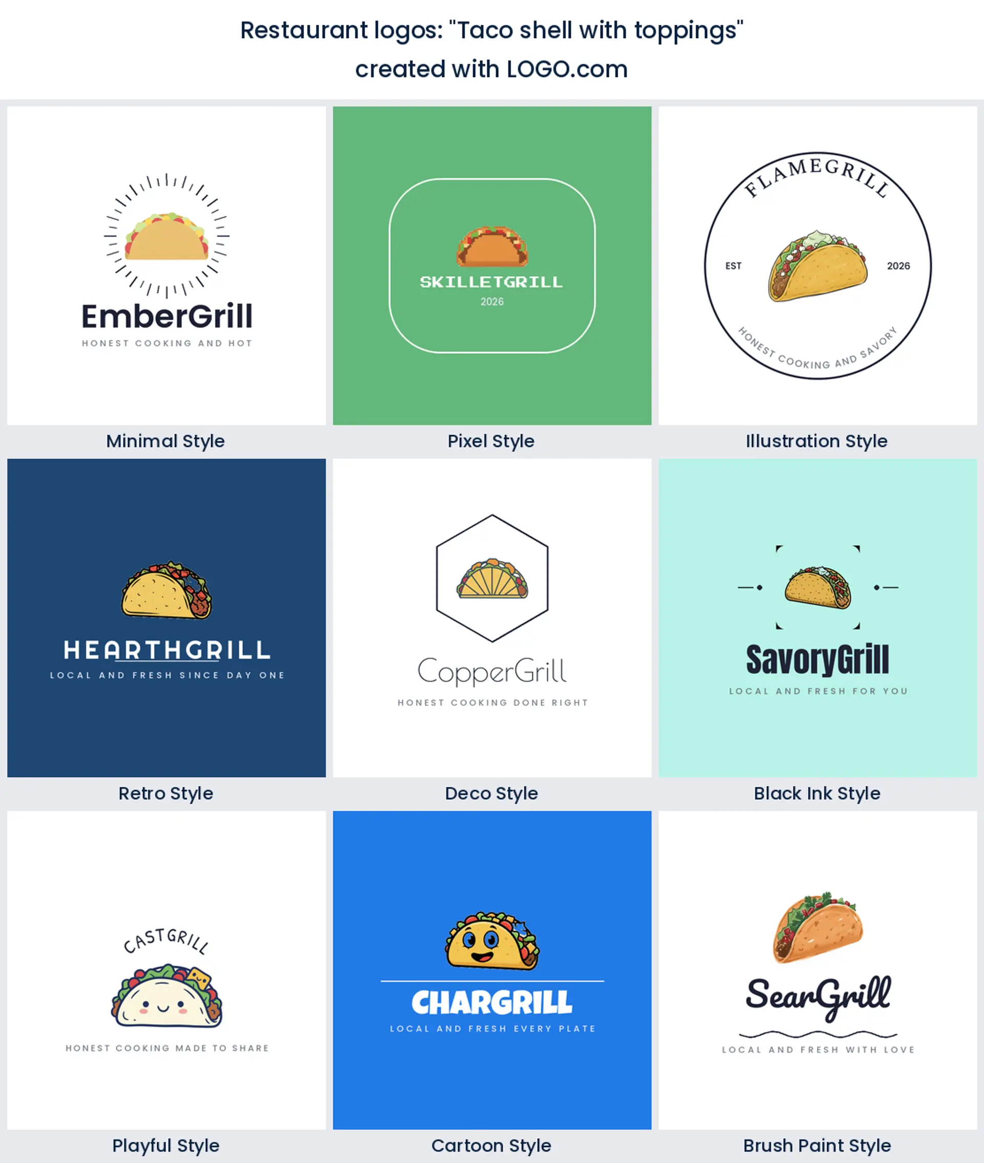 Taco shell with toppings restaurant logo in nine styles.