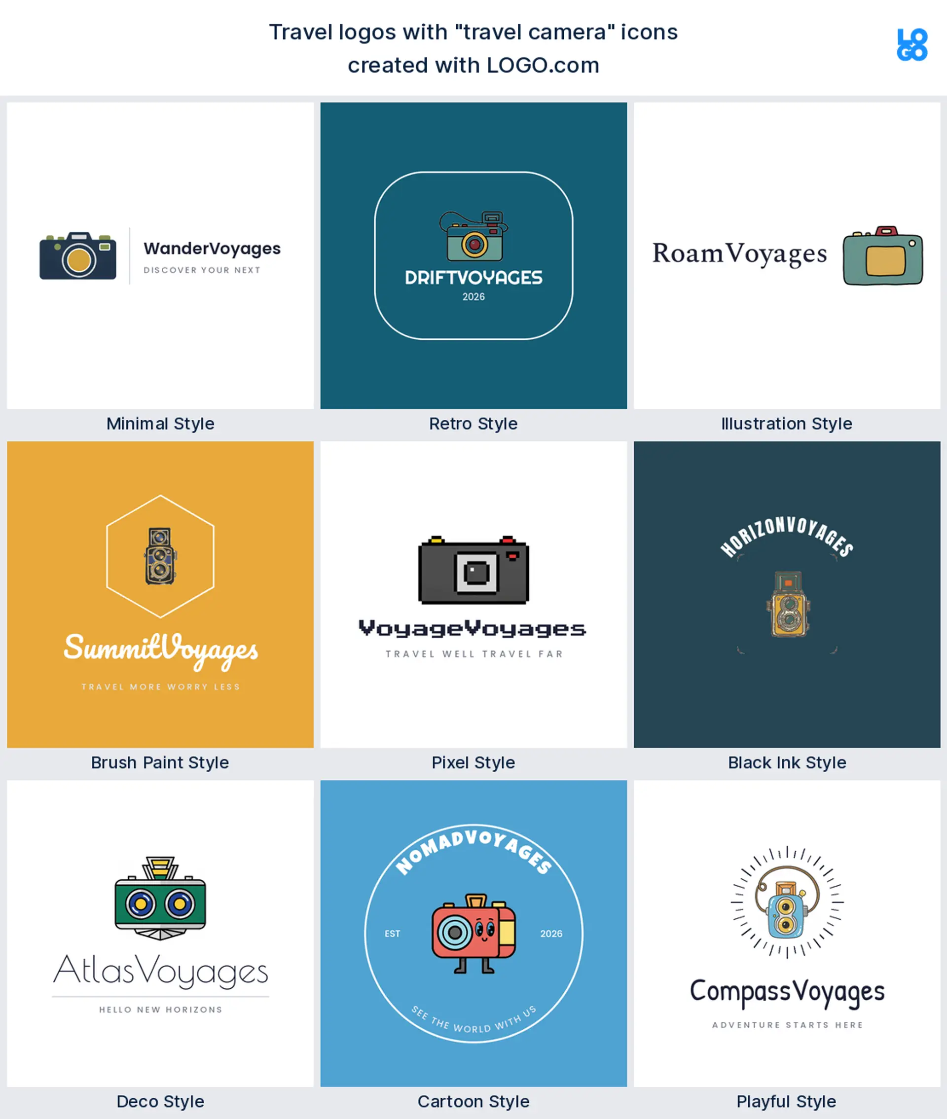 Travel camera, retro travel logo shown in nine LOGO.com styles