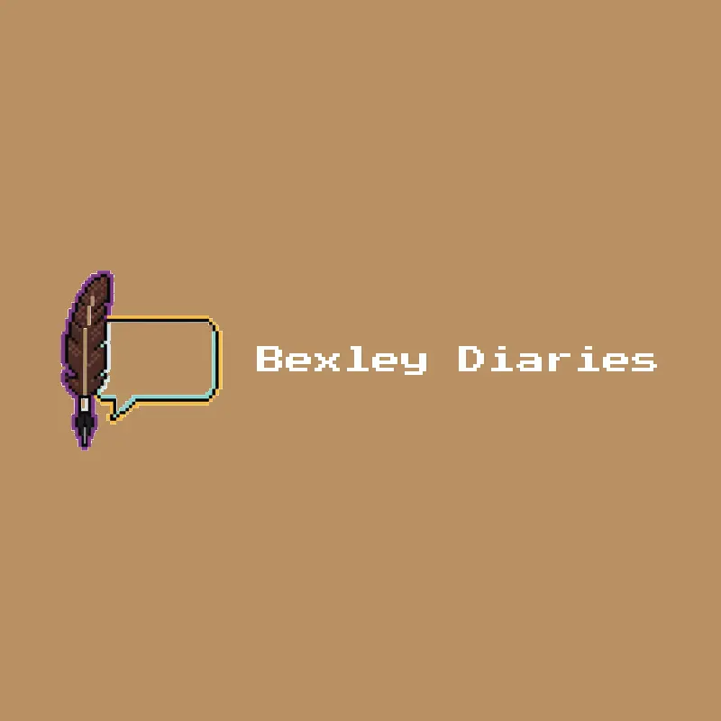 A quill pen and a speech bubble, an editorial blog logo in a pixel style