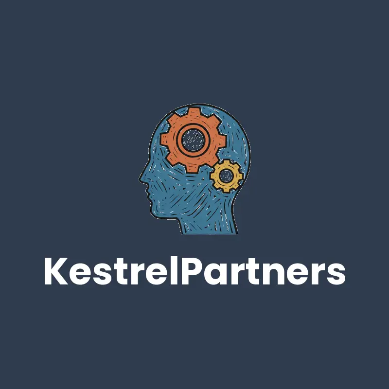 Linocut consulting company logo for KestrelPartners with a profile head holding two interlocking gears on slate