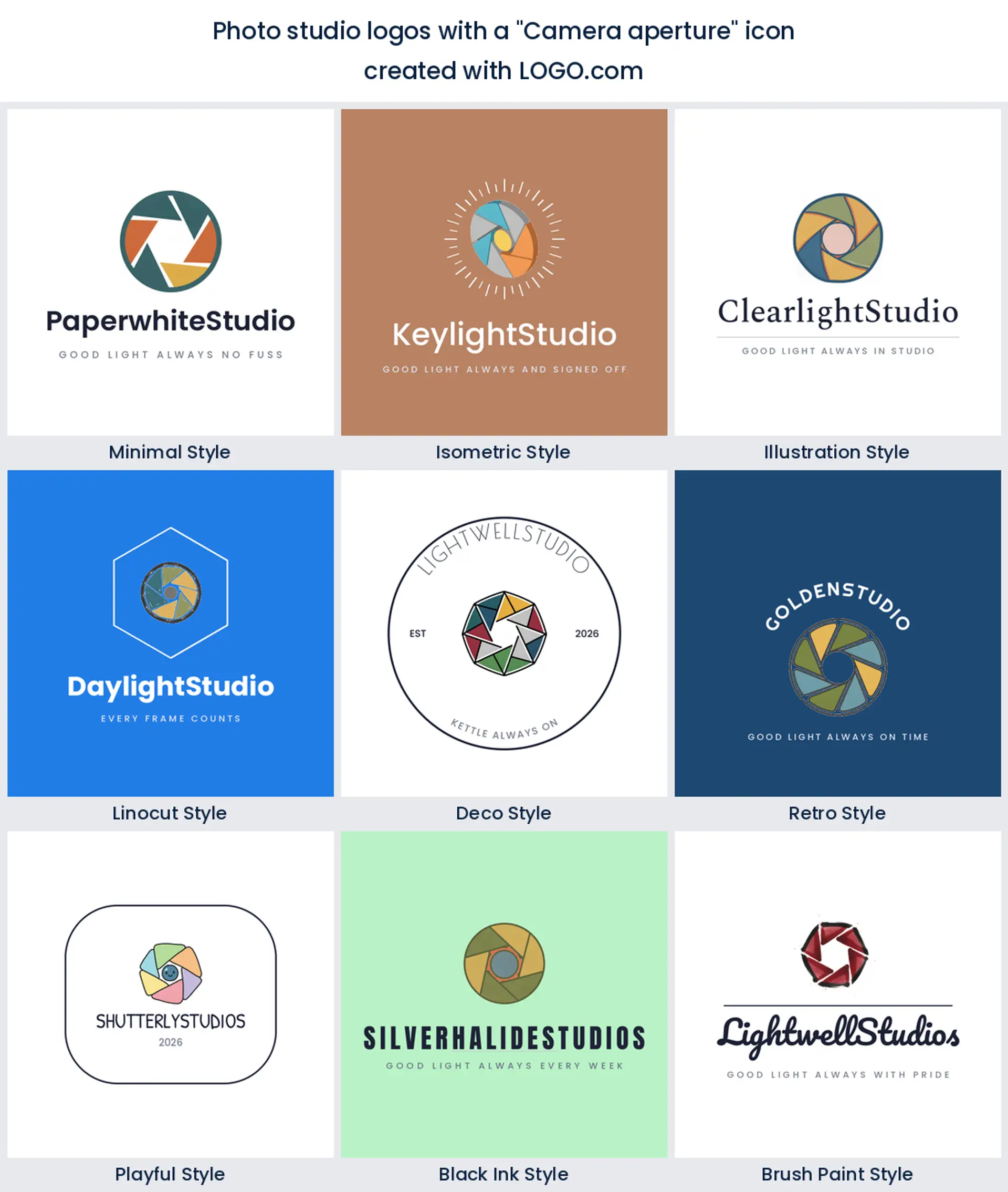 Photo studio logo designs using a camera aperture mark across nine styles